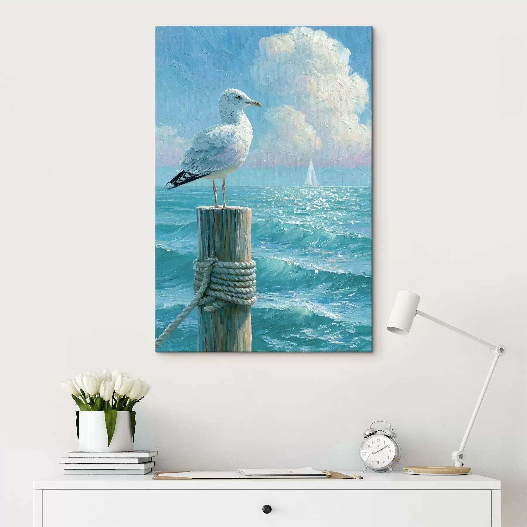 Wandbilder Eine majestätische Möwe, die auf einem verwitterten Holzpfahl eines Stegs sitzt, im Impasto-Stil gemalt s49882
