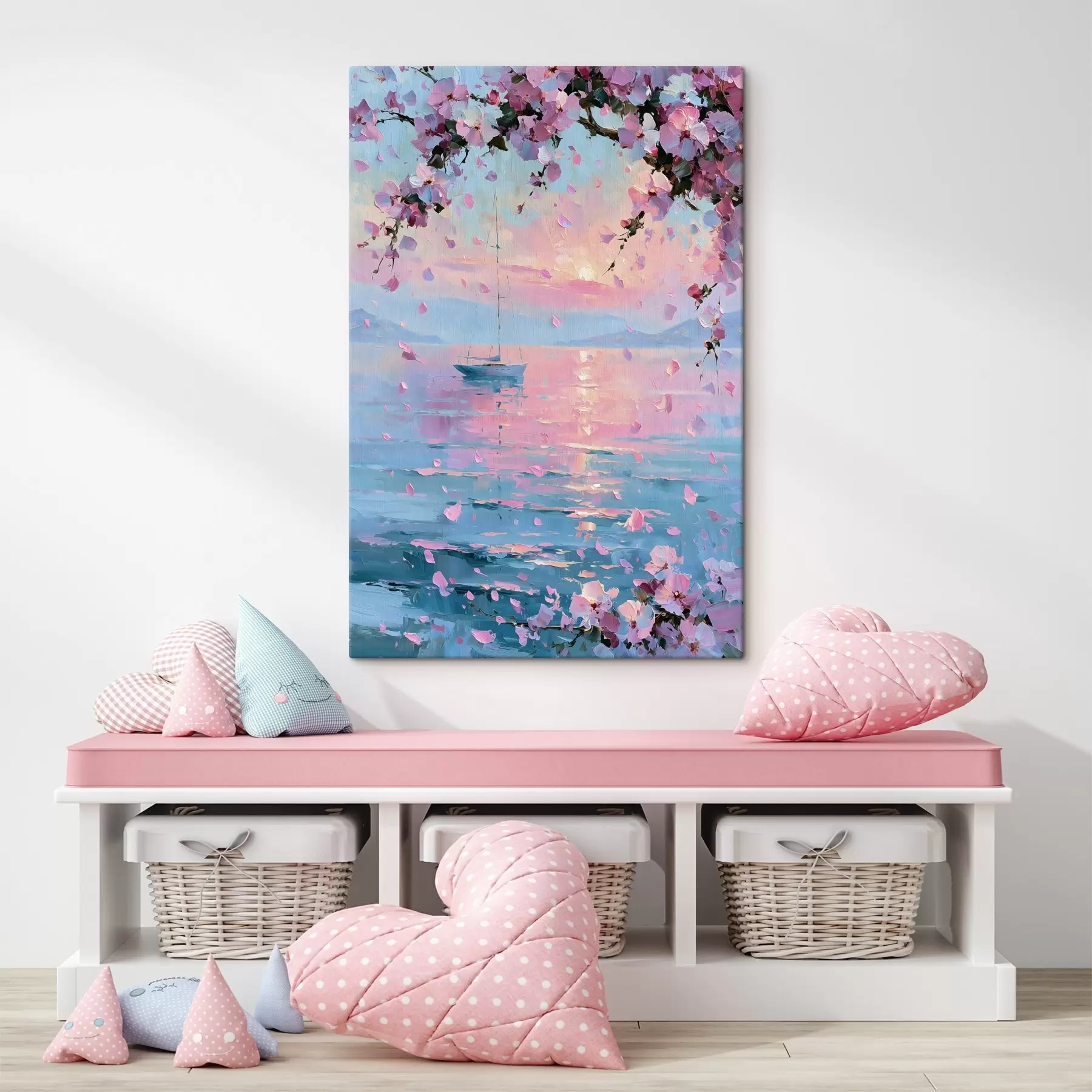 Wandbilder Eine elegante weiße Yacht auf dem Meer bei Sonnenuntergang unter den blühenden Zweigen eines rosa Sakura-Baums, im Stil eines Ölgemäldes s49883