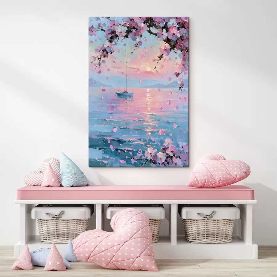 Wandbilder Eine elegante weiße Yacht auf dem Meer bei Sonnenuntergang unter den blühenden Zweigen eines rosa Sakura-Baums, im Stil eines Ölgemäldes s49883