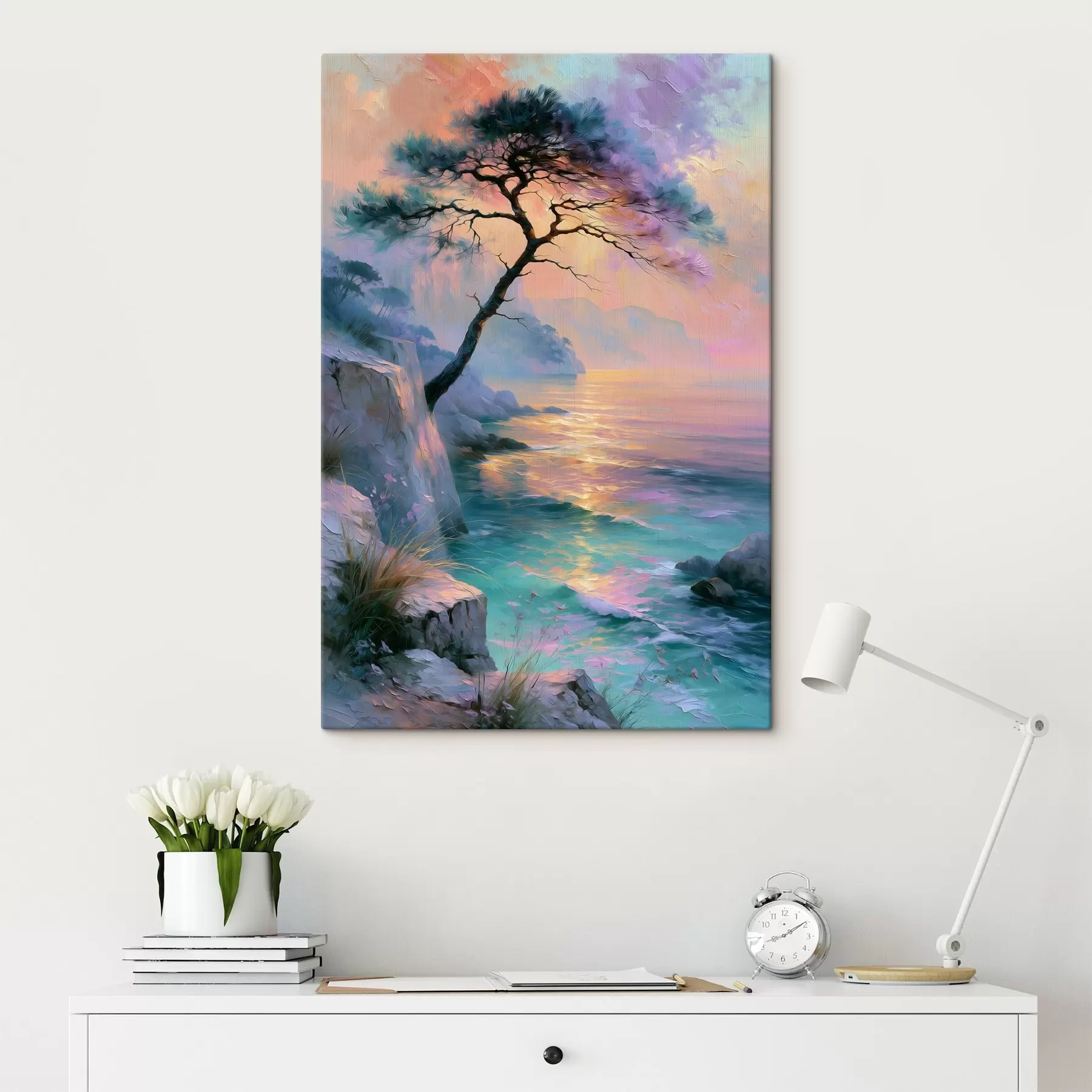 Wandbilder Eine im Ölmalstil gehaltene, majestätische Landschaft an der Mittelmeerküste bei Sonnenuntergang, in deren Mittelpunkt eine uralte, verwitterte Pinie steht s49885