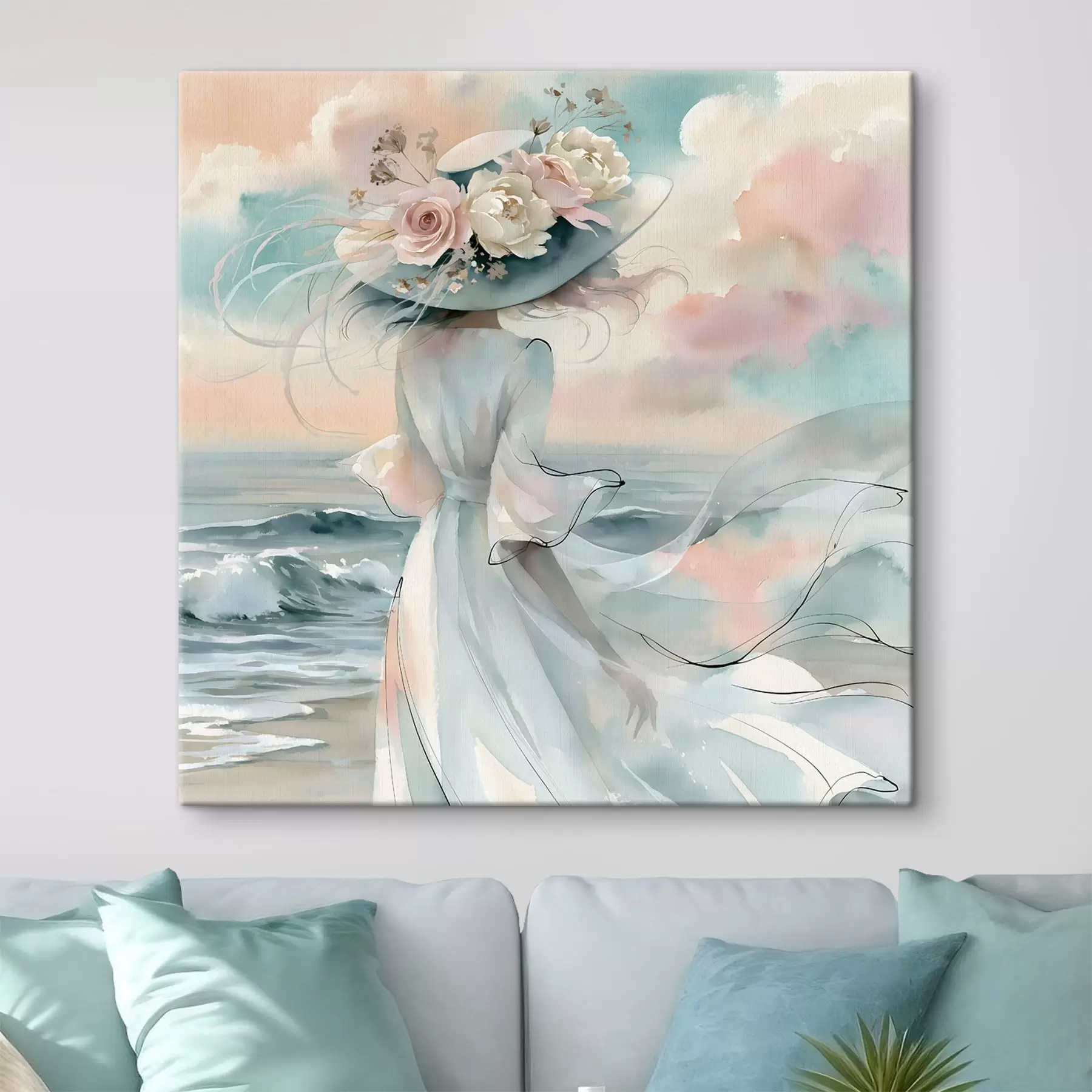 Wandbilder Ein romantisches Mädchen mit einem Hut mit Blumenmuster am Meeresufer, im Aquarellstil s49890