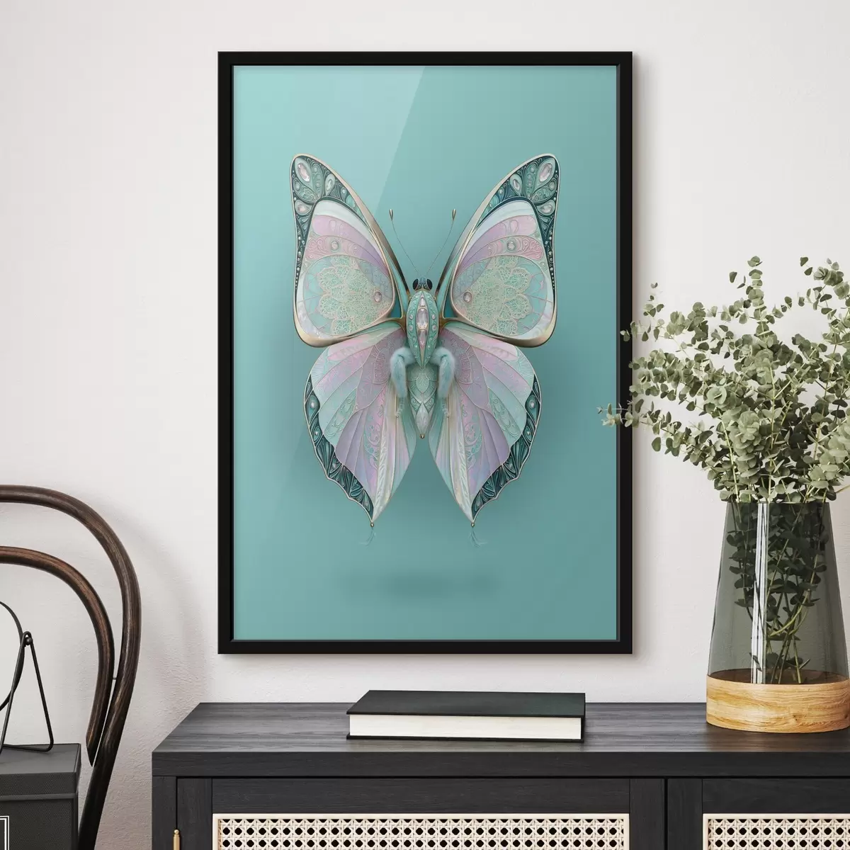 Poster Ein Schmetterling im Stil von edlem Schmuck vor türkisfarbenem Hintergrund f49864