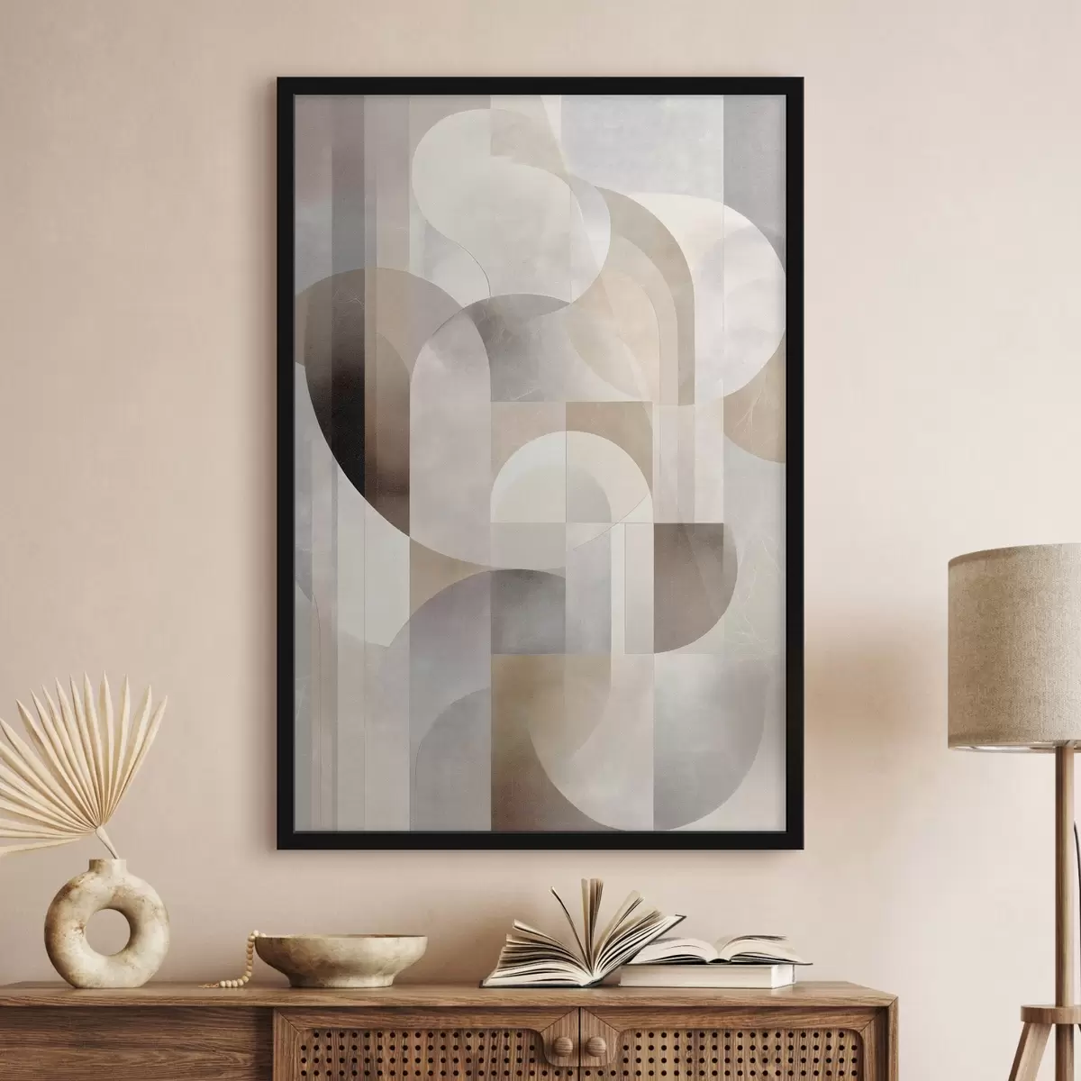 Poster Eine minimalistische, geometrische, abstrakte Komposition in sanften Beige-, Creme-, Graubraun- und Graubeige-Tönen f49876