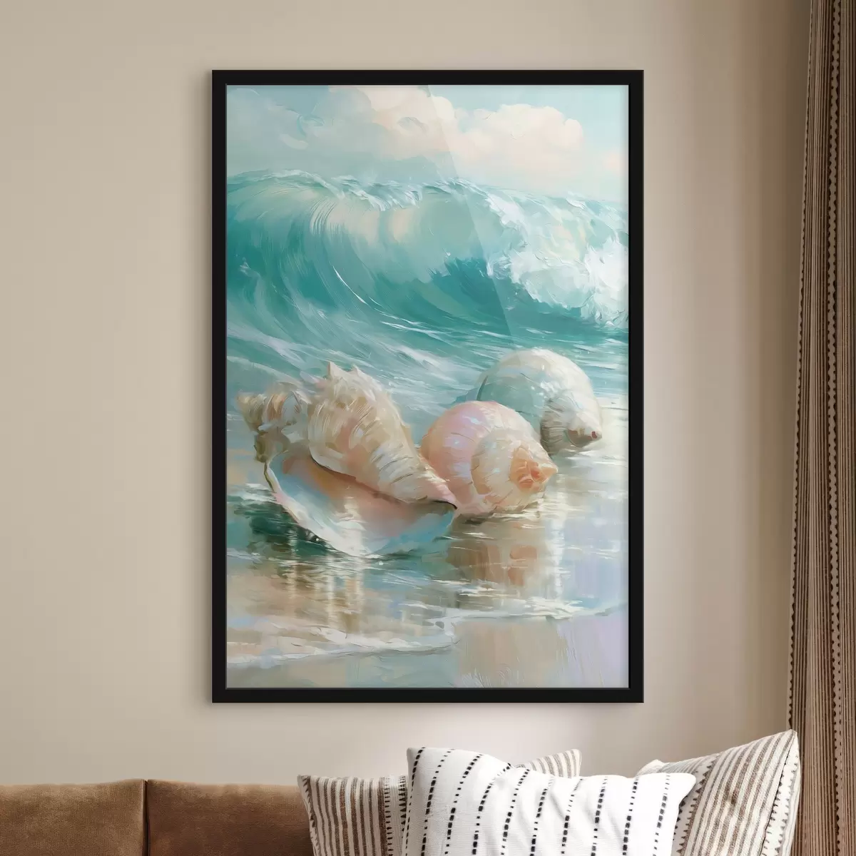 Poster Ein ruhiges Stillleben an der Küste: drei zarte Muscheln, die auf glattem, feuchtem Sand am Meer liegen, im Ölmalstil f49884