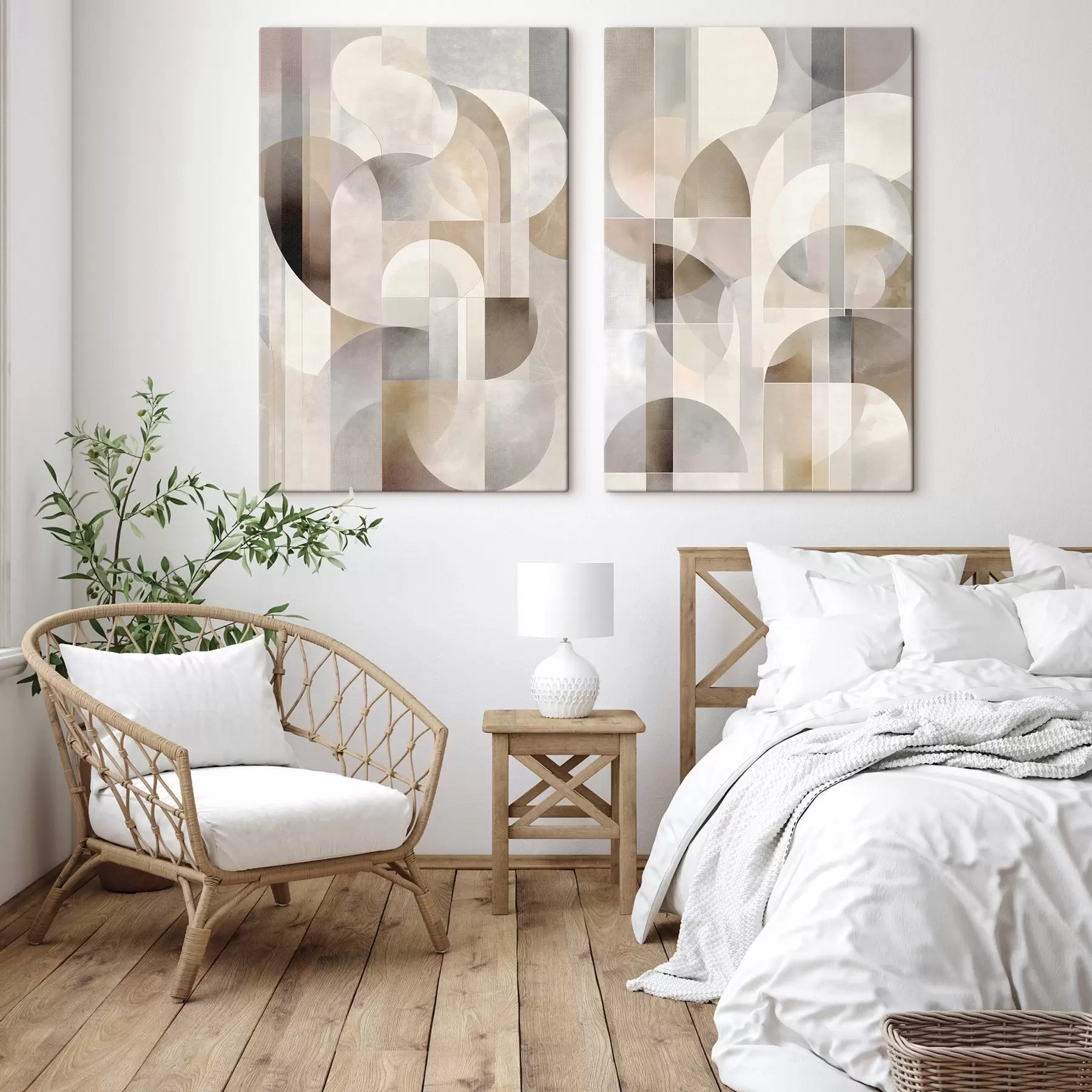 Wandbilder Eine minimalistische, geometrische, abstrakte Komposition in sanften Beige-, Creme-, Graubraun- und Graubeige-Tönen m30725