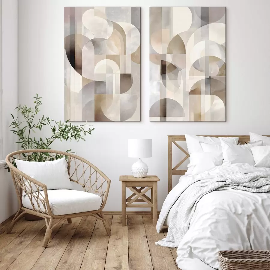 Wandbilder Eine minimalistische, geometrische, abstrakte Komposition in sanften Beige-, Creme-, Graubraun- und Graubeige-Tönen m30725