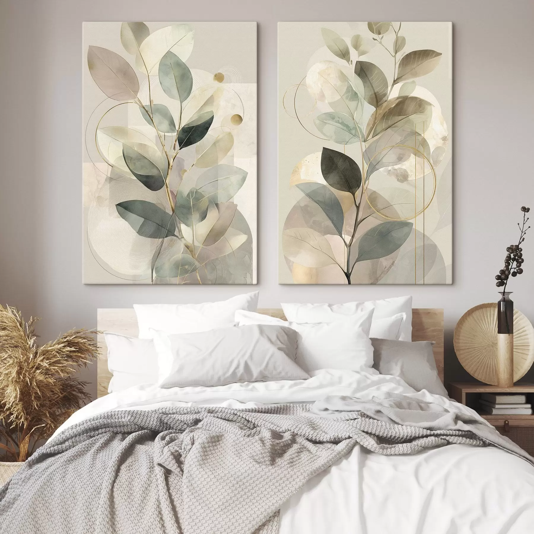 Wandbilder Minimalistisches, abstraktes Kunstwerk mit botanischen Motiven: ein eleganter Olivenzweig mit zarten, salbeigrünen und warmbeigen Blättern m30726