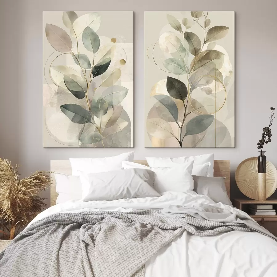 Wandbilder Minimalistisches, abstraktes Kunstwerk mit botanischen Motiven: ein eleganter Olivenzweig mit zarten, salbeigrünen und warmbeigen Blättern m30726