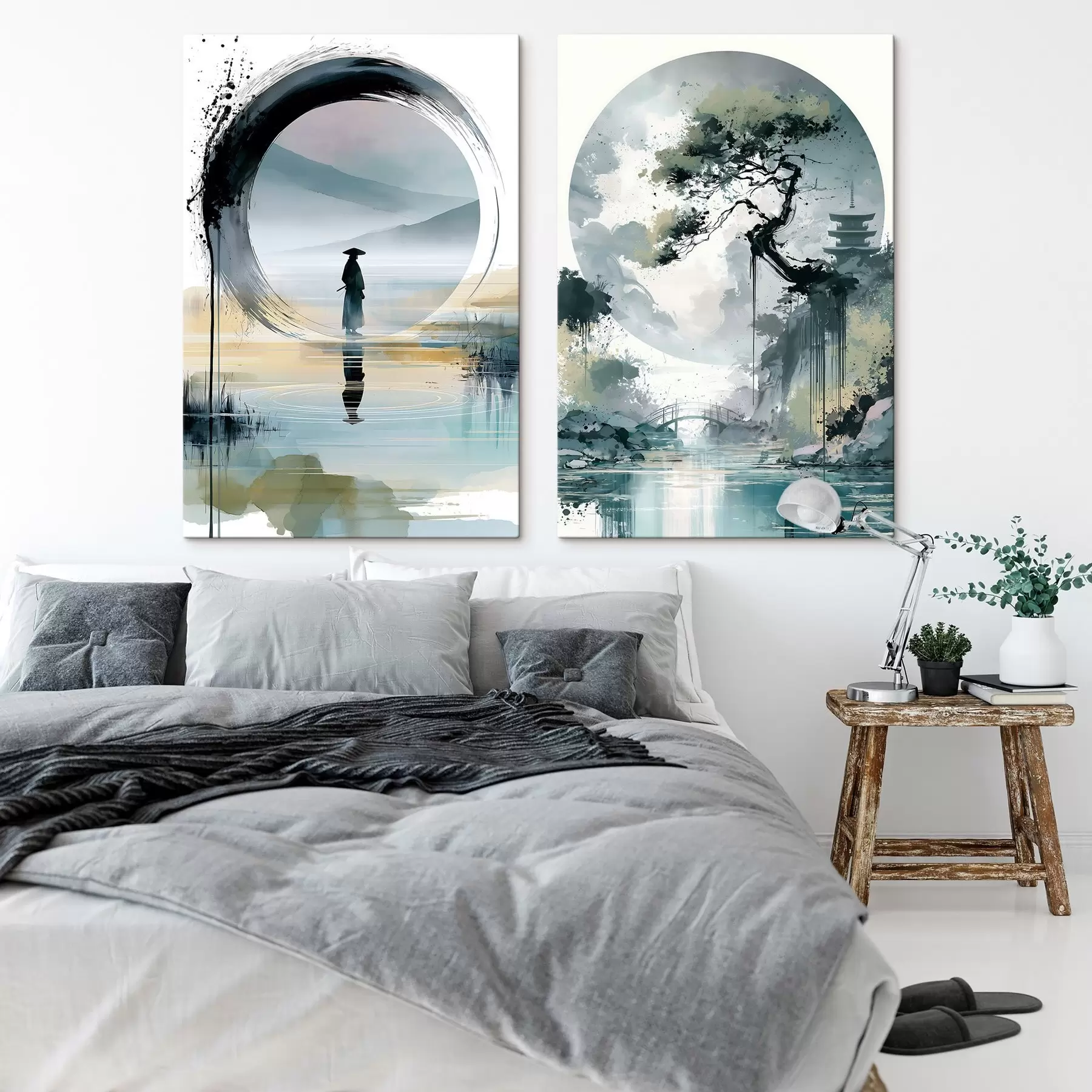 Wandbilder Eine Landschaft im japanischen Sumi-e-Stil mit einer schlanken Kiefer, einer Brücke und einer Pagode vor dem Hintergrund ruhiger Gewässer; ein Samurai, ein Enso-Kreis, eine Aquarelllandschaft m30727