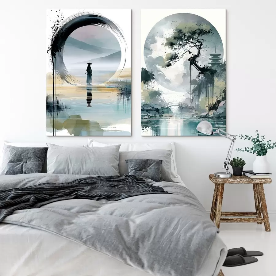 Wandbilder Eine Landschaft im japanischen Sumi-e-Stil mit einer schlanken Kiefer, einer Brücke und einer Pagode vor dem Hintergrund ruhiger Gewässer; ein Samurai, ein Enso-Kreis, eine Aquarelllandschaft m30727