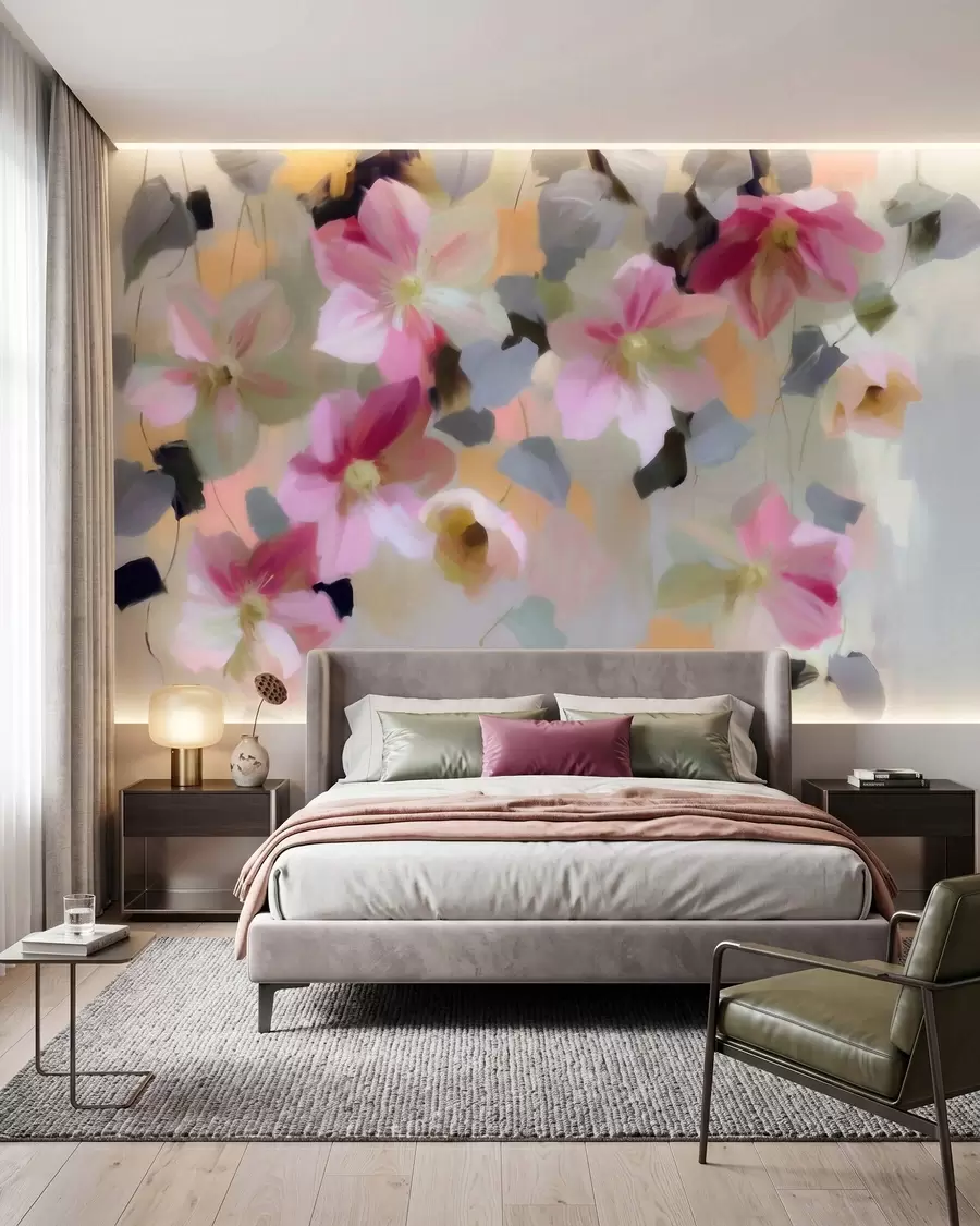 Fototapete Eine helle und luftige Komposition mit herabhängenden Blumen im Aquarellstil w09931