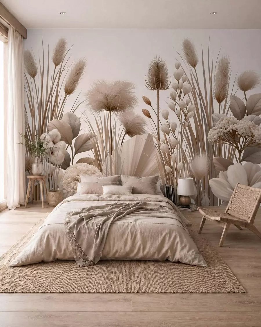 Fototapete Hohe, getrocknete Blumen in neutralen Beigetönen w09932