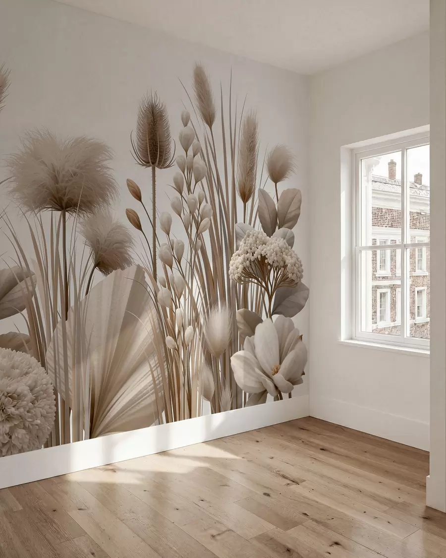 Fototapete Hohe, getrocknete Blumen in neutralen Beigetönen w09932