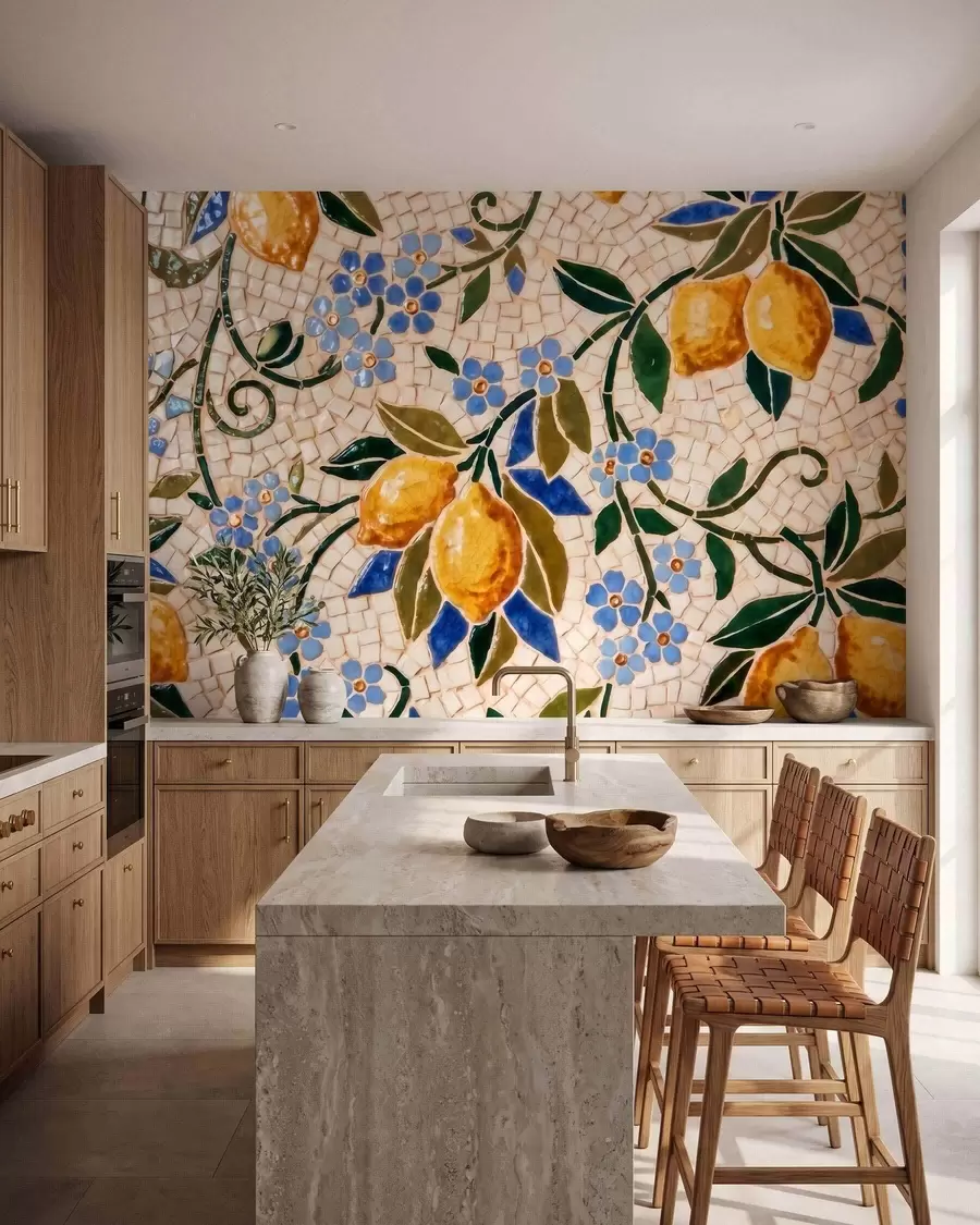 Fototapete Farbenfrohe Dekorationskomposition im Keramikmosaik-Stil mit saftigen Zitronen, Blumen, Blättern und Zweigen w09948