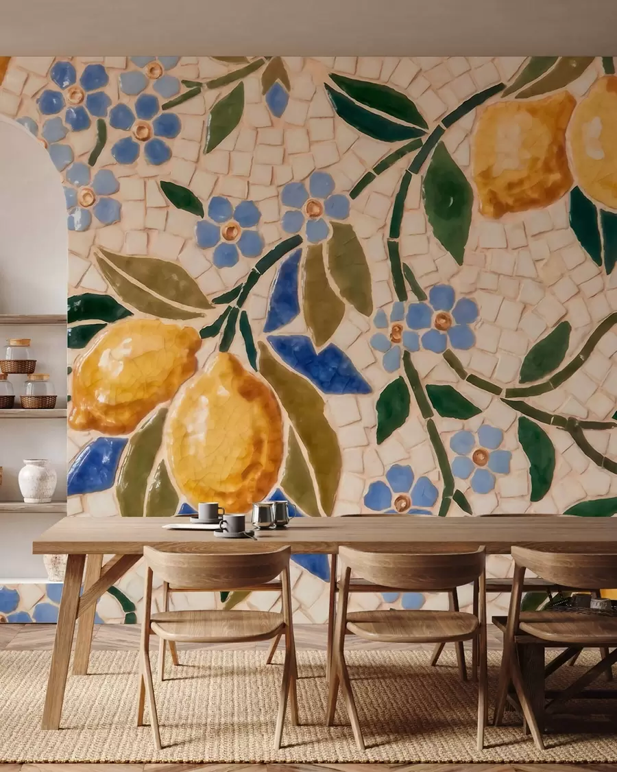 Fototapete Farbenfrohe Dekorationskomposition im Keramikmosaik-Stil mit saftigen Zitronen, Blumen, Blättern und Zweigen w09948
