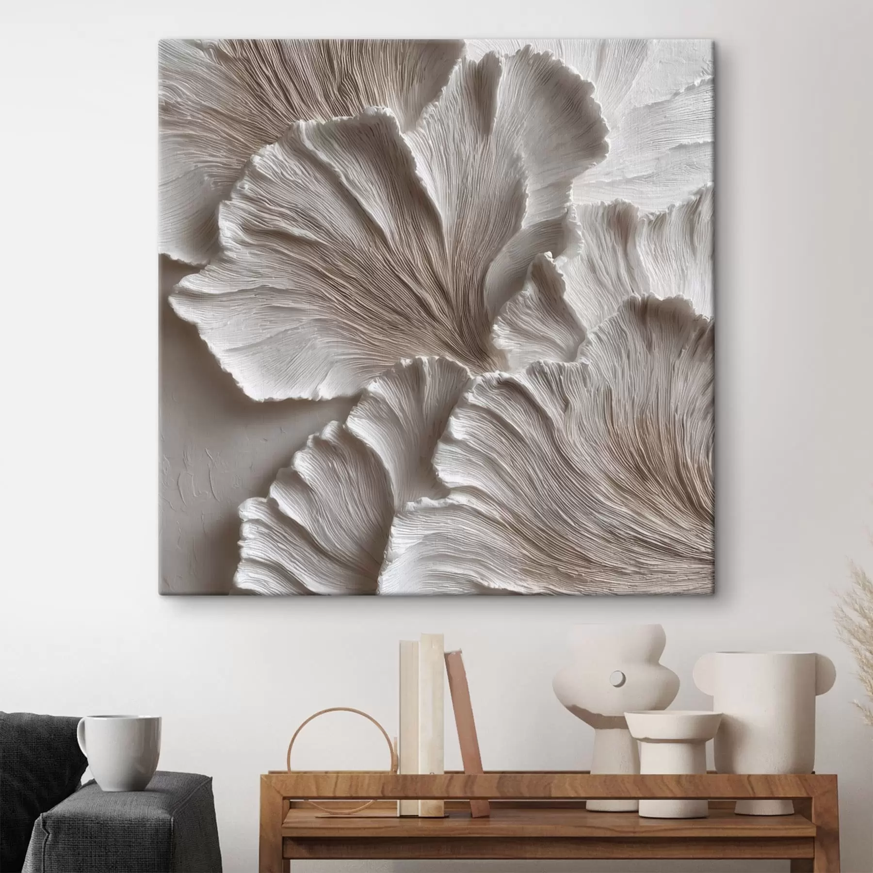 Wandbilder Komposition mit plastischen organischen Formen in einer Farbpalette aus Beige- und Weißtönen s49708