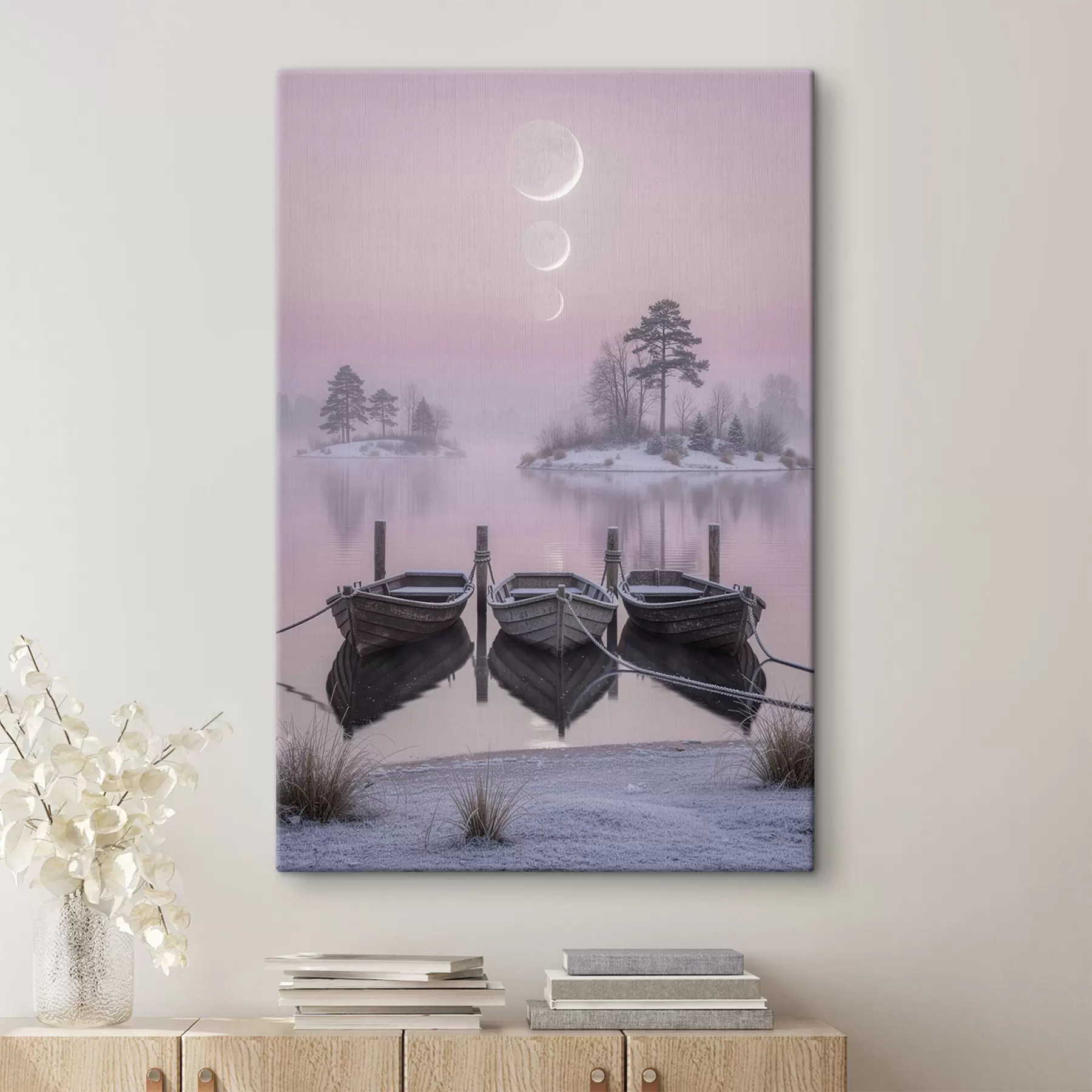 Wandbilder Landschaft mit einem See, Booten und Mondphasen im Pastellstil s49724