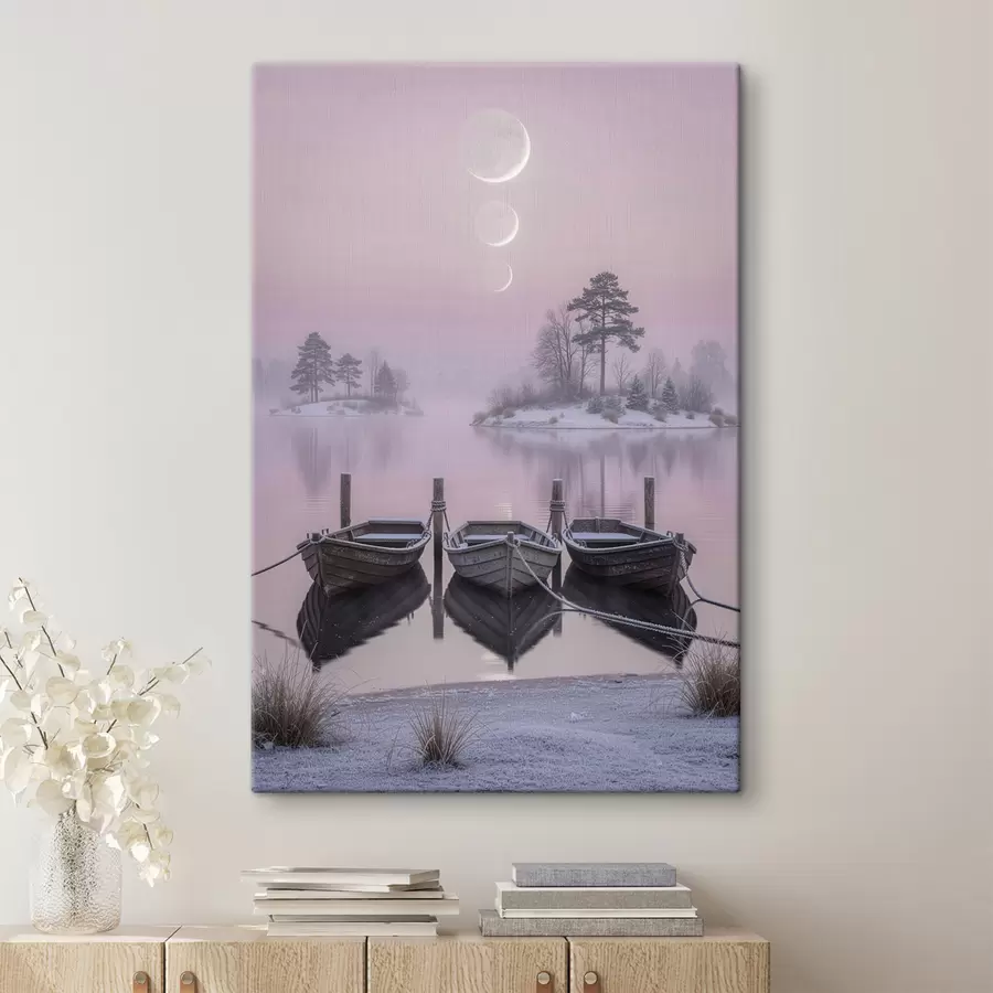 Wandbilder Landschaft mit einem See, Booten und Mondphasen im Pastellstil s49724