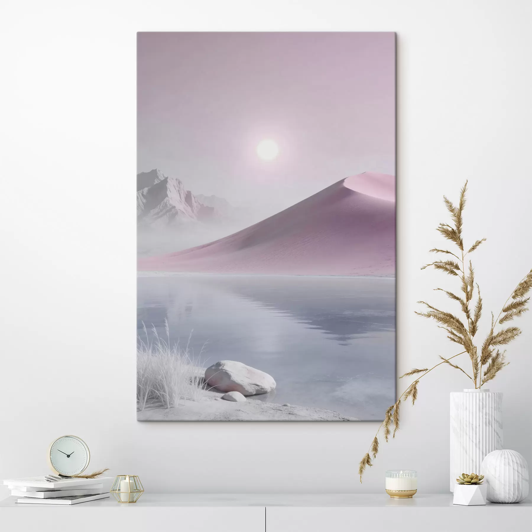 Wandbilder Bergsee in der Nähe eines sandigen Hügels in Pastelltönen s49725