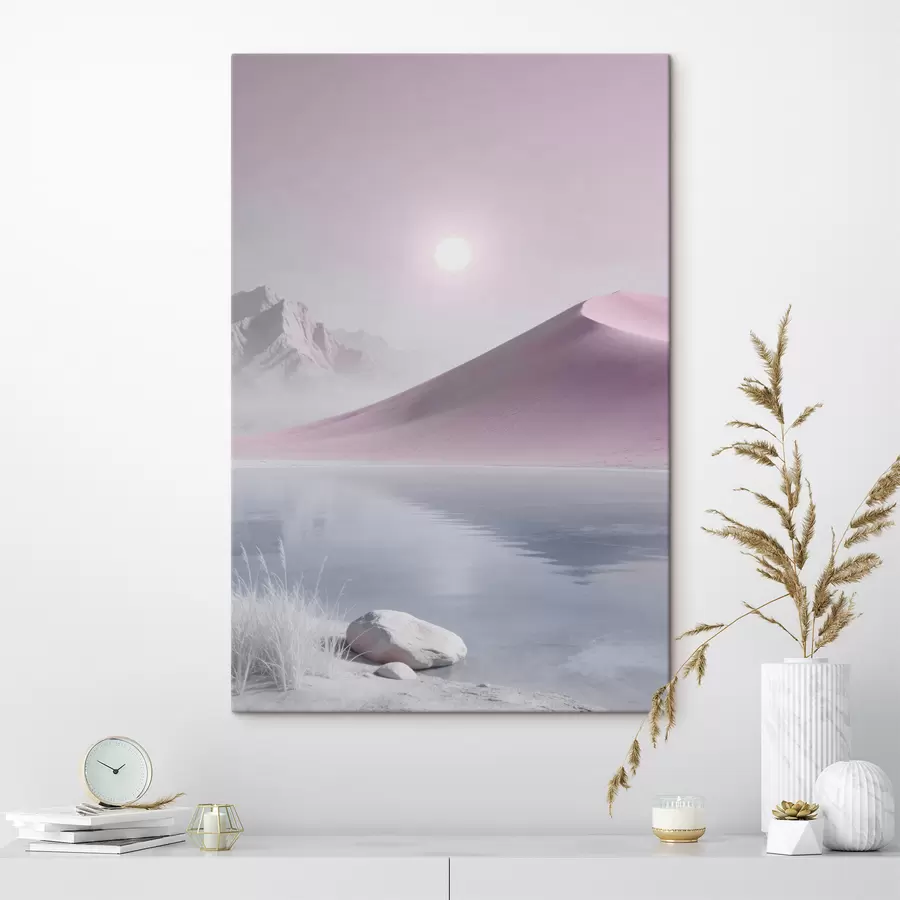 Wandbilder Bergsee in der Nähe eines sandigen Hügels in Pastelltönen s49725