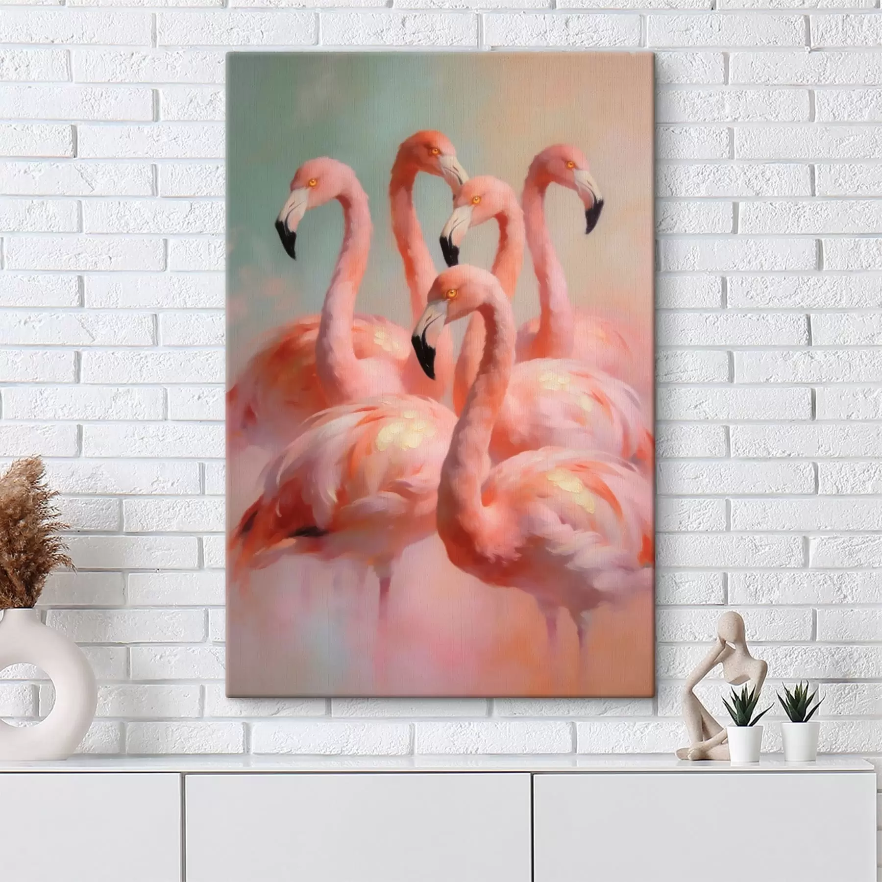 Wandbilder Rosa Flamingos in sanften Pastelltönen im Ölgemälde-Stil s49726