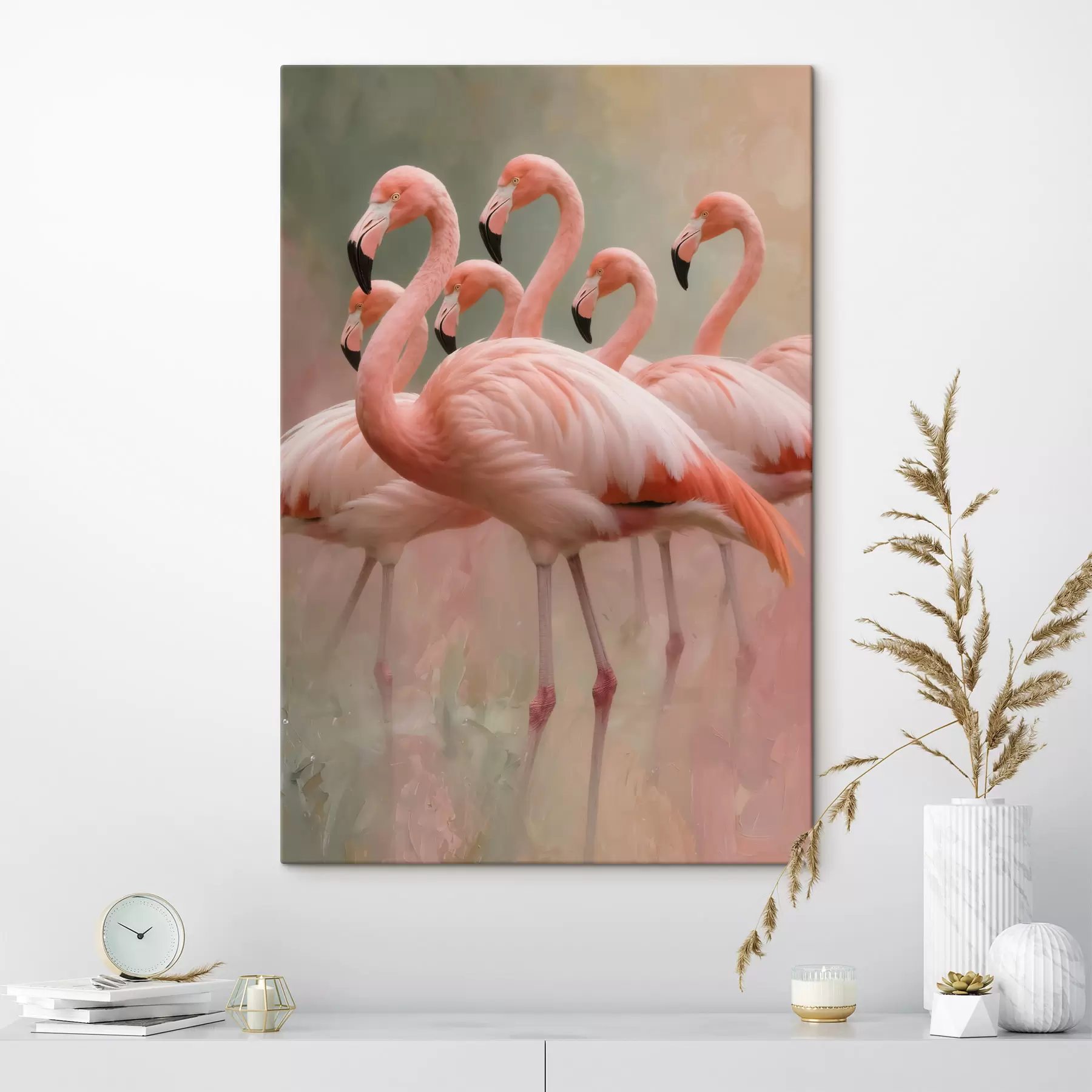 Wandbilder Dekoratives Porträt einer Flamingoschwarm im zeitgenössischen Malstil s49727
