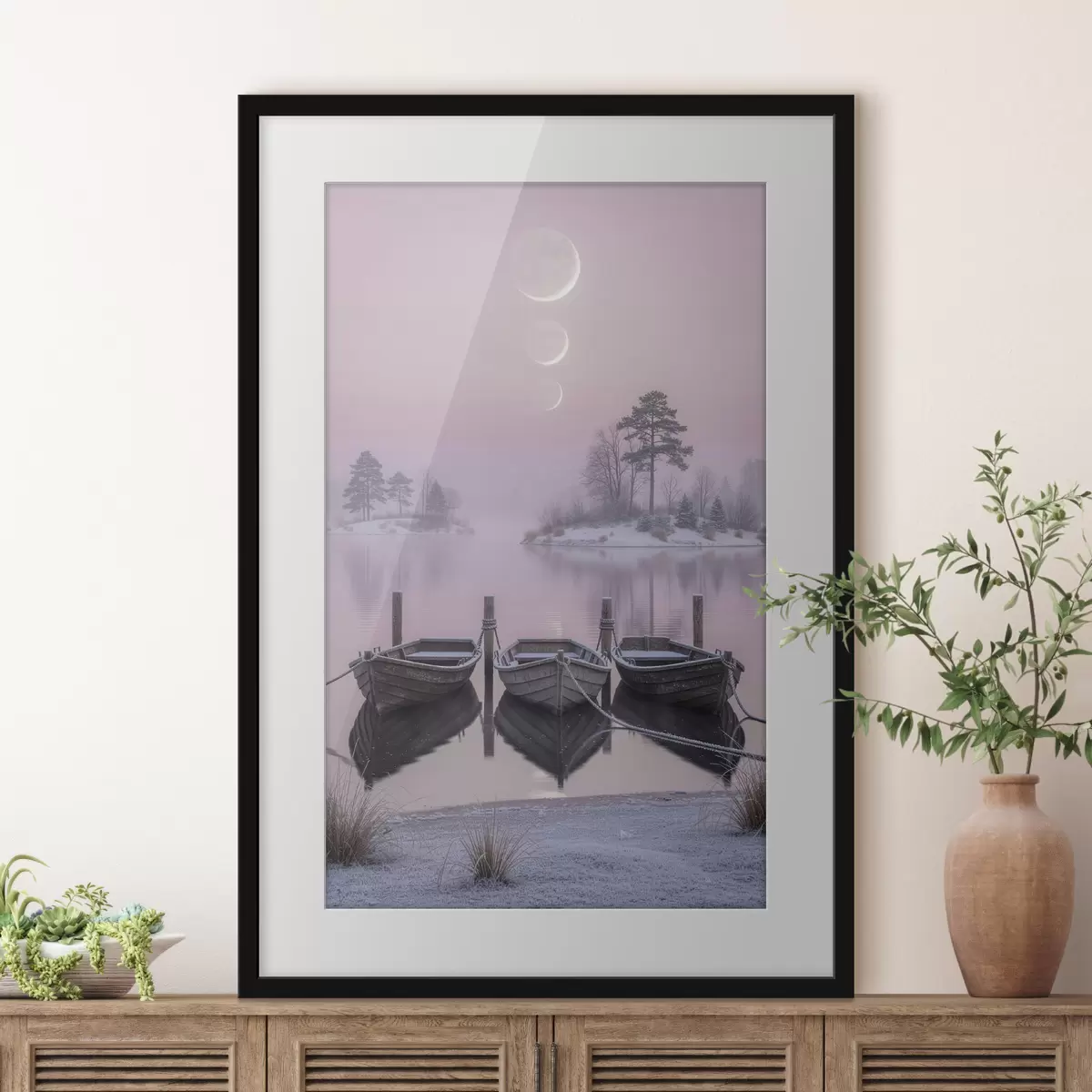 Poster Landschaft mit einem See, Booten und Mondphasen im Pastellstil f49724
