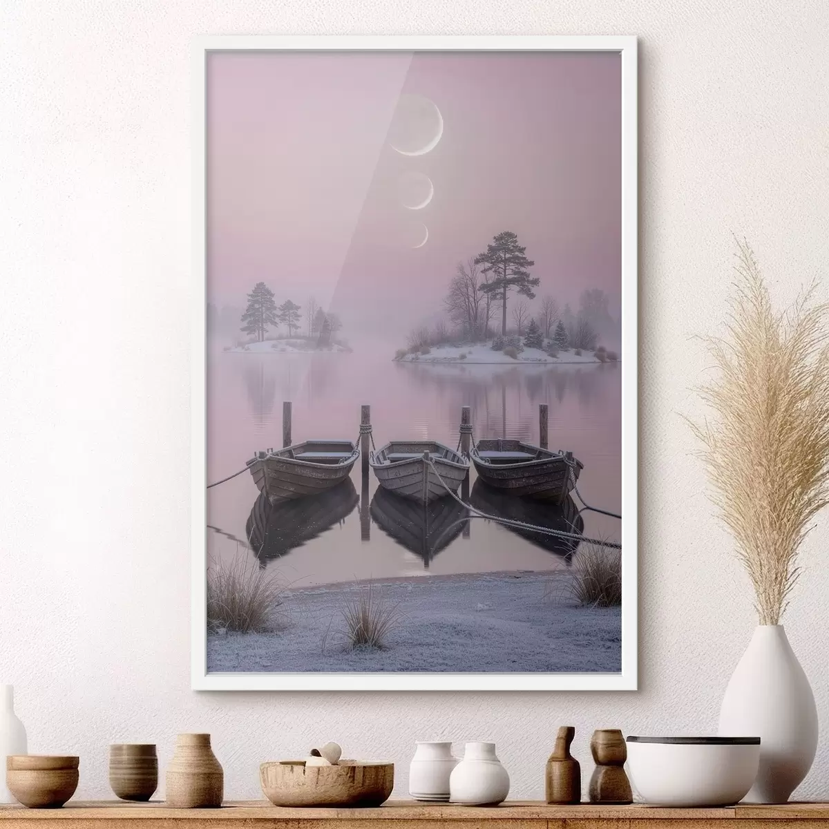 Poster Landschaft mit einem See, Booten und Mondphasen im Pastellstil f49724