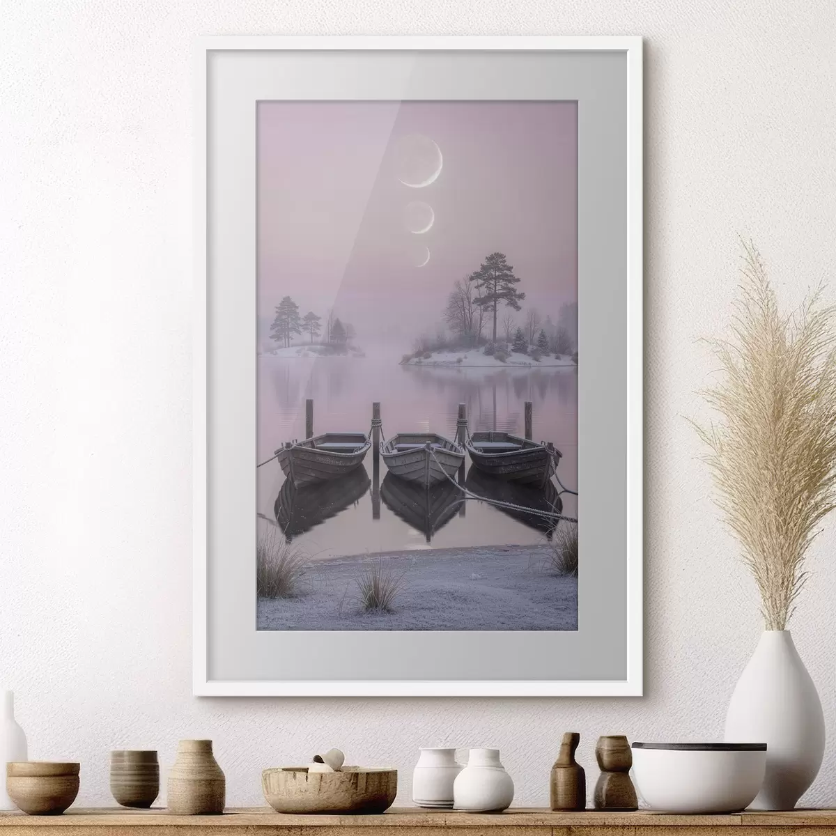 Poster Landschaft mit einem See, Booten und Mondphasen im Pastellstil f49724