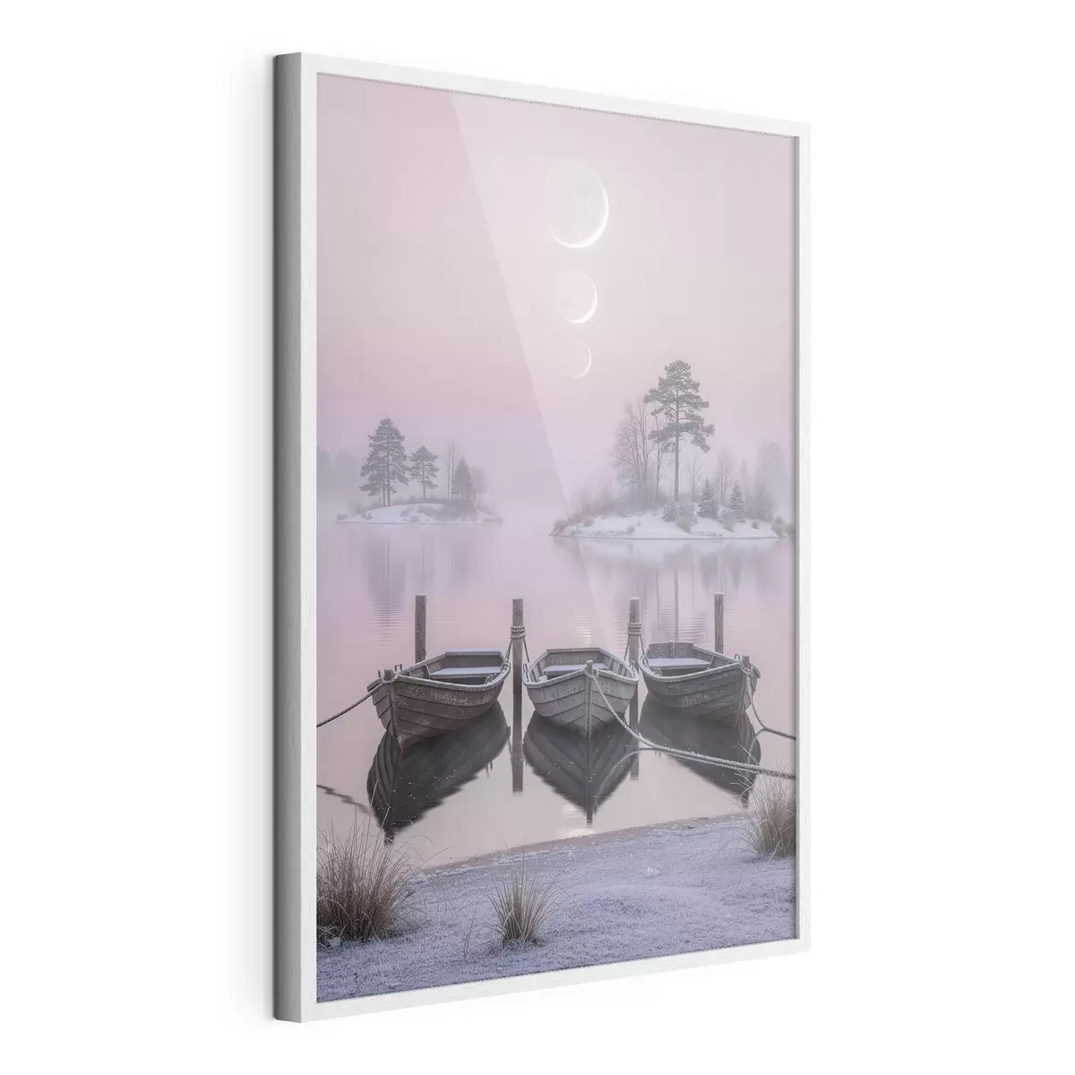 Poster Landschaft mit einem See, Booten und Mondphasen im Pastellstil f49724