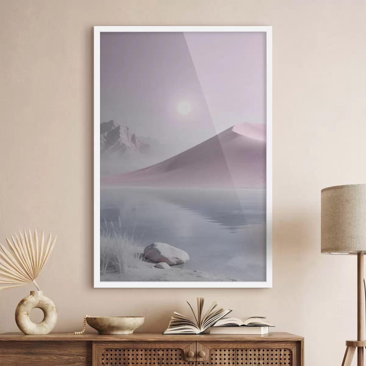 Poster Bergsee in der Nähe eines sandigen Hügels in Pastelltönen f49725