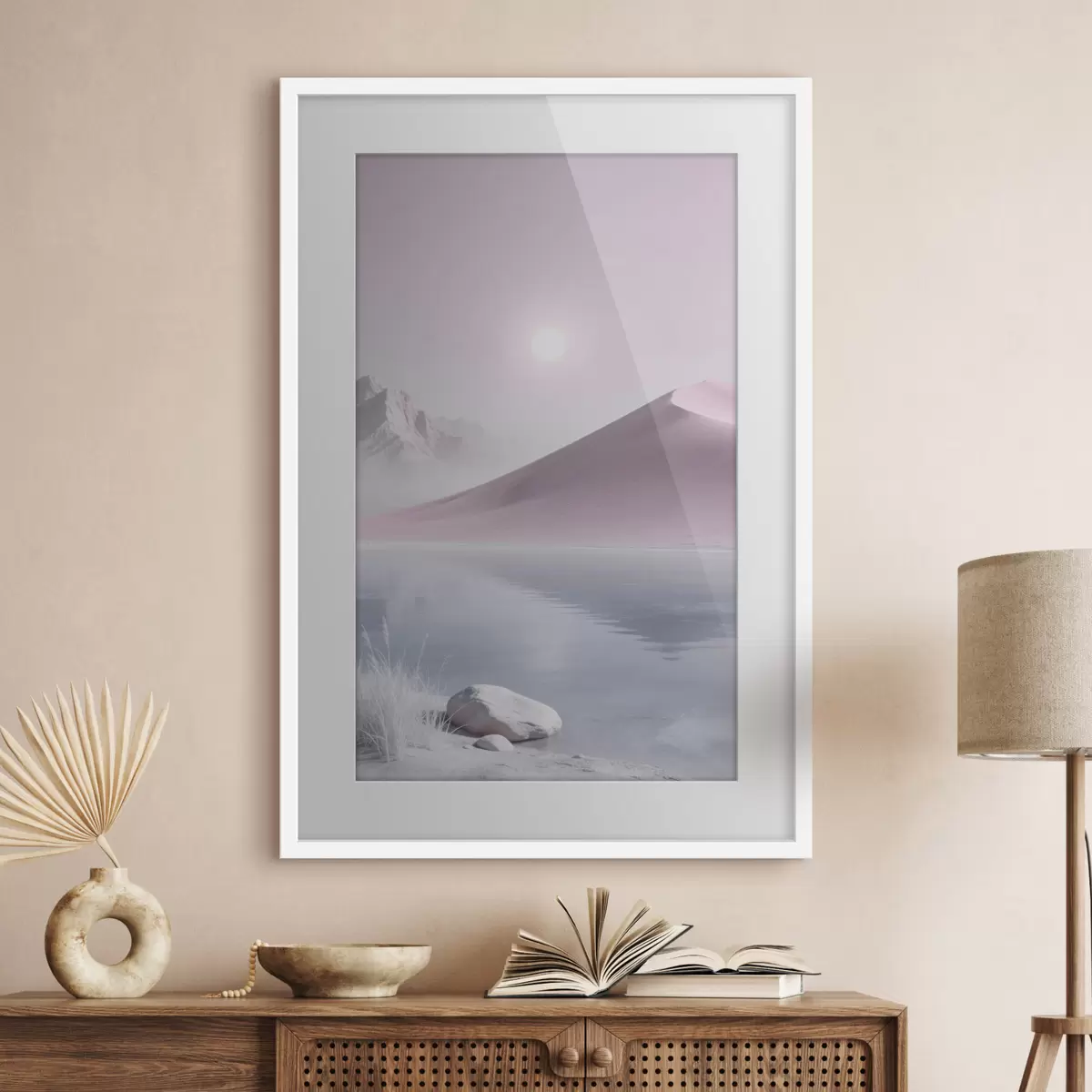 Poster Bergsee in der Nähe eines sandigen Hügels in Pastelltönen f49725