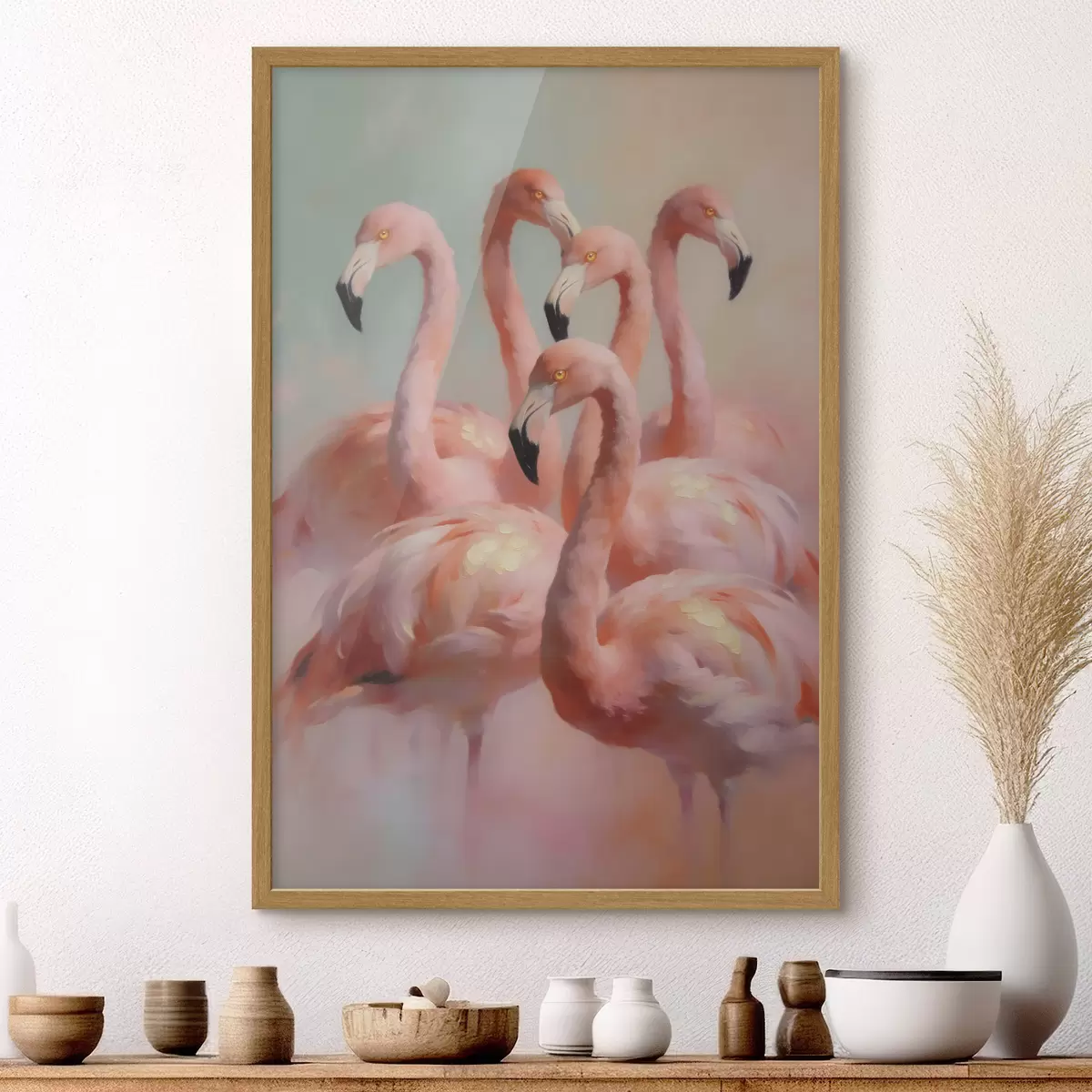 Poster Rosa Flamingos in sanften Pastelltönen im Ölgemälde-Stil f49726
