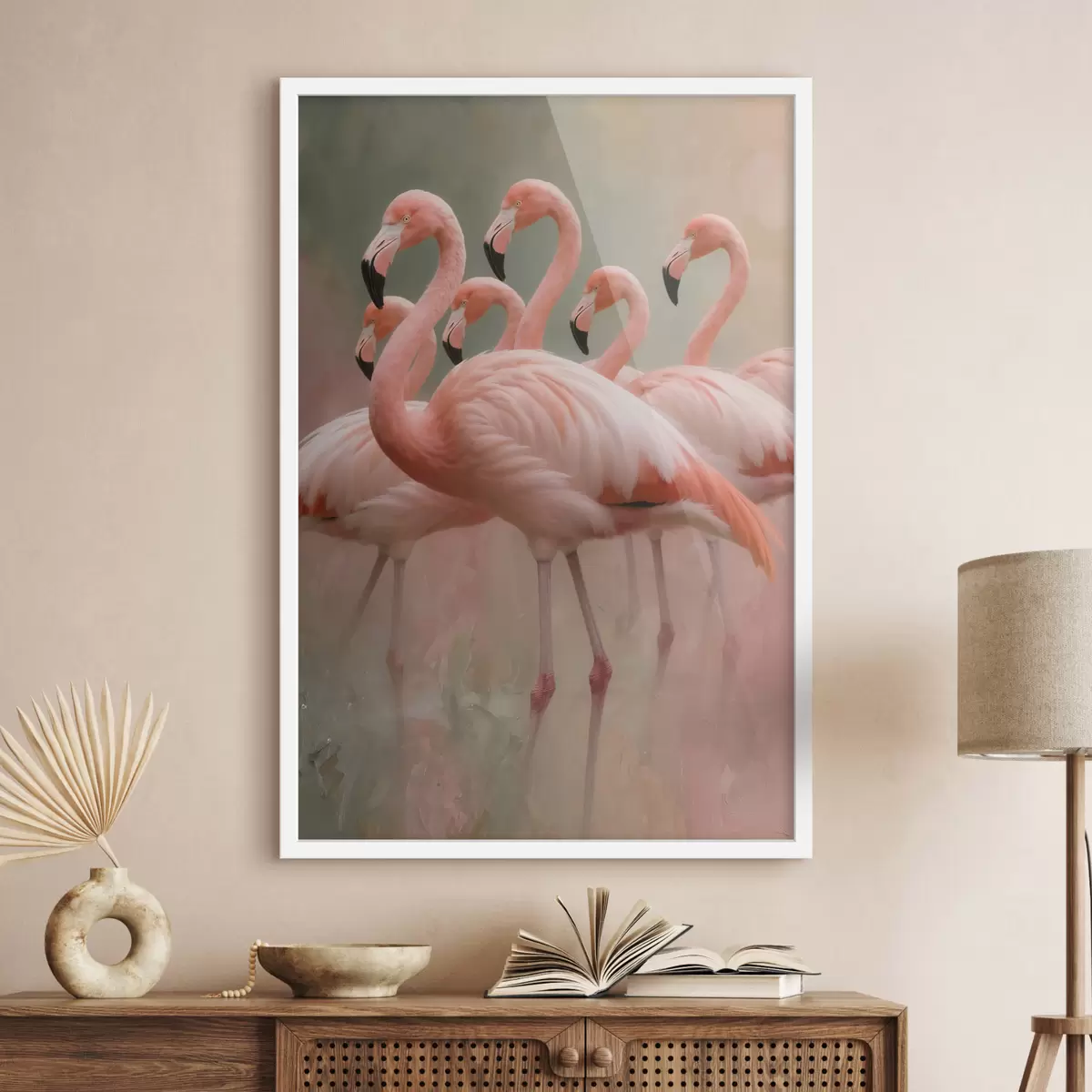 Poster Dekoratives Porträt einer Flamingoschwarm im zeitgenössischen Malstil f49727