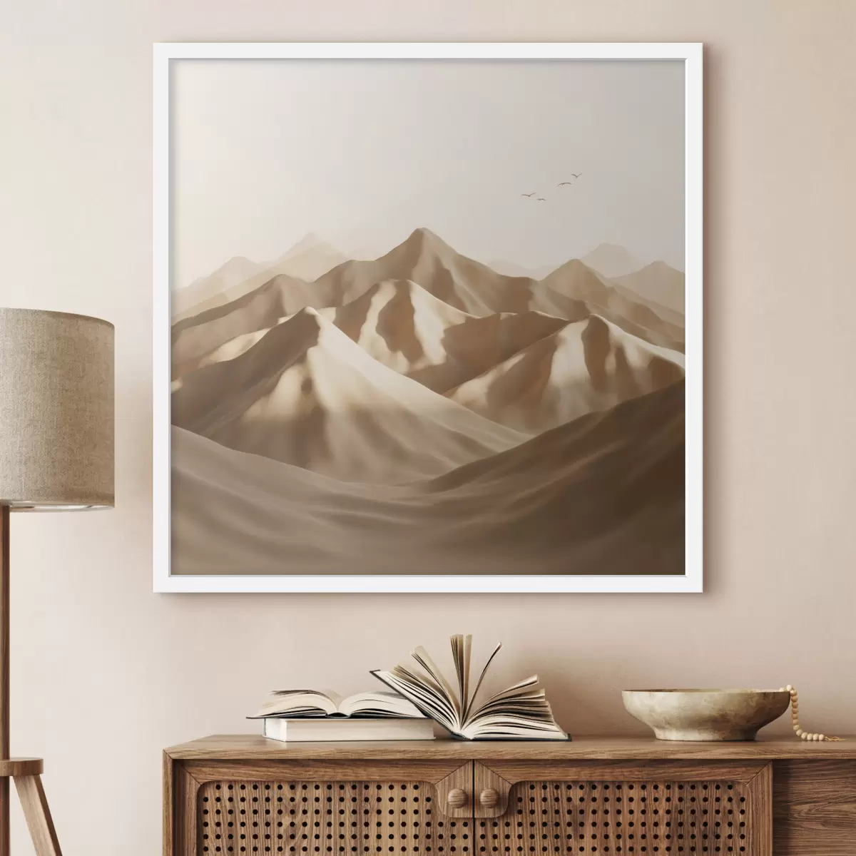 Poster Abstrakte Sanddünen mit Vogelsilhouetten in Pastelltönen f49729