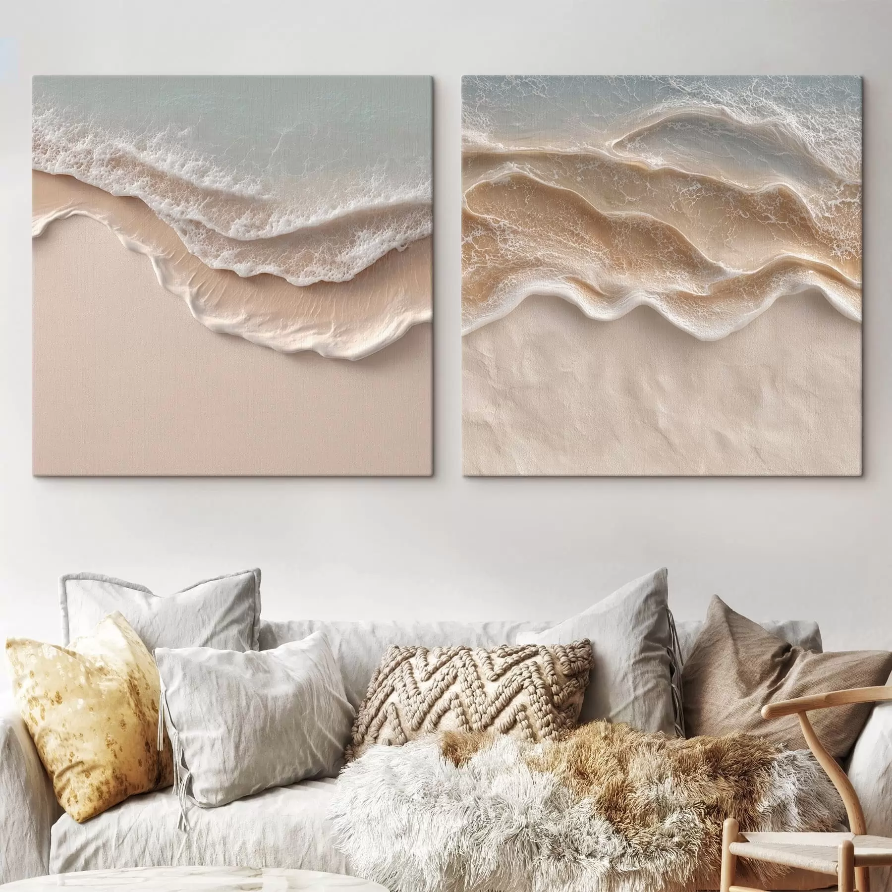 Wandbilder Abstrakte Meereswellen mit weißem Schaum und weichem Sand in Pastelltönen m30651