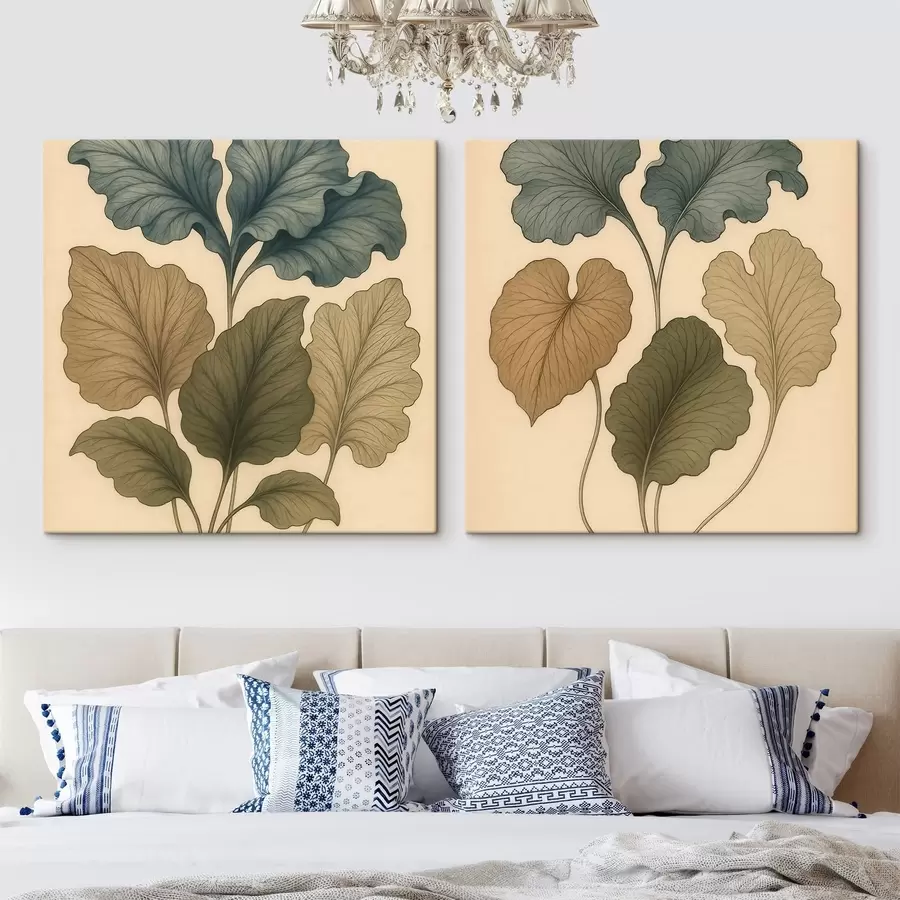 Fototapete Botanisches Diptychon mit strukturierten Blättern in gedeckten Farbtönen im Retro-Illustrationsstil m30654