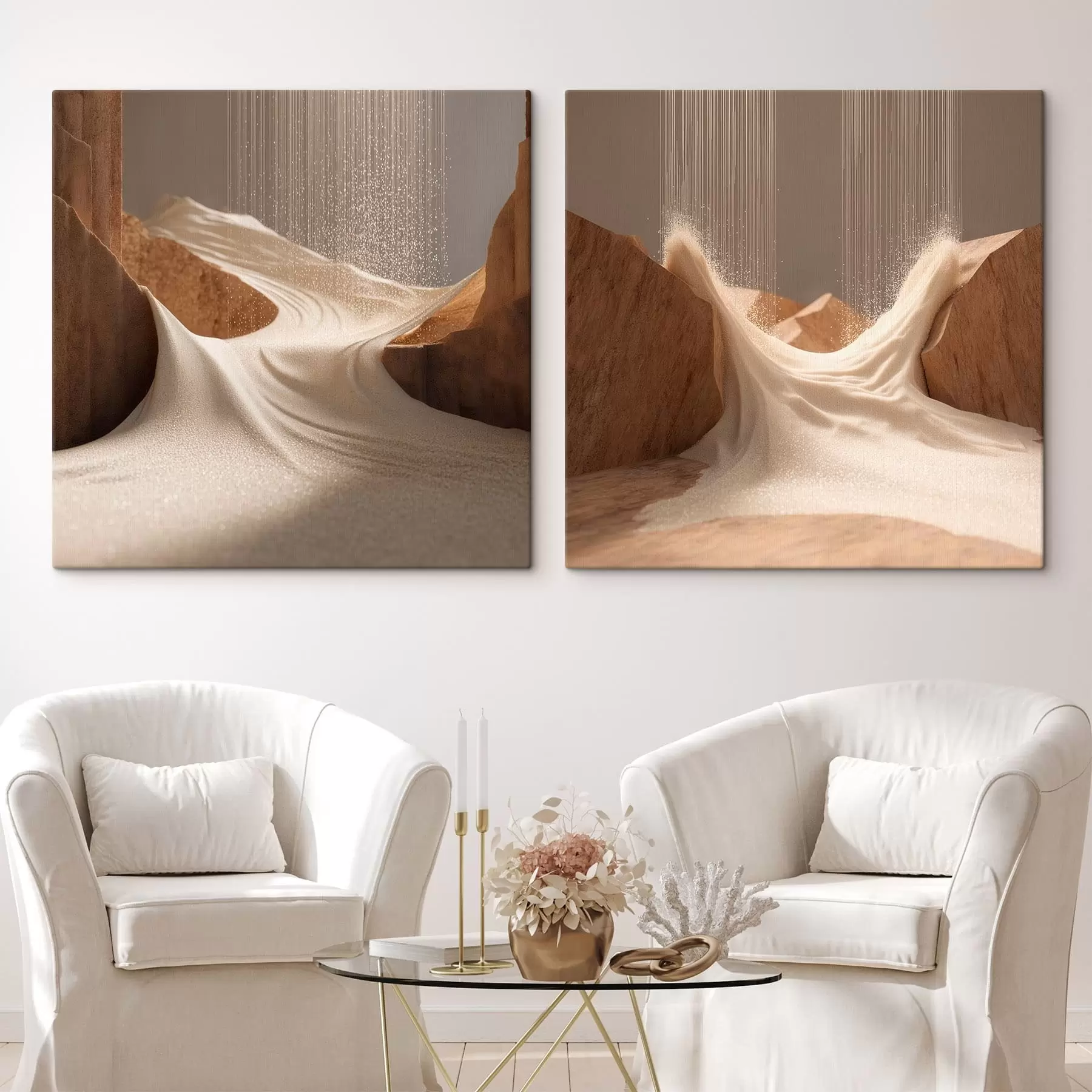 Wandbilder Landschaft mit Schimmereffekt in einer Beige-Farbpalette im dreidimensionalen Grafikstil m30655