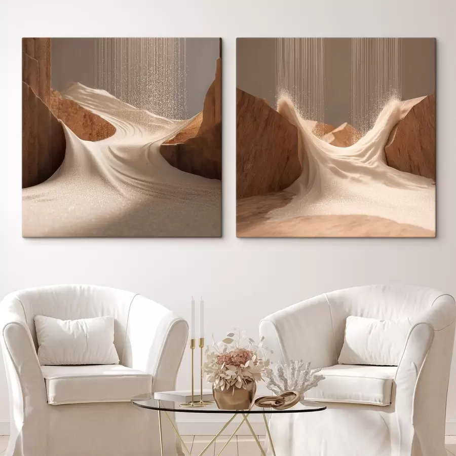 Wandbilder Landschaft mit Schimmereffekt in einer Beige-Farbpalette im dreidimensionalen Grafikstil m30655