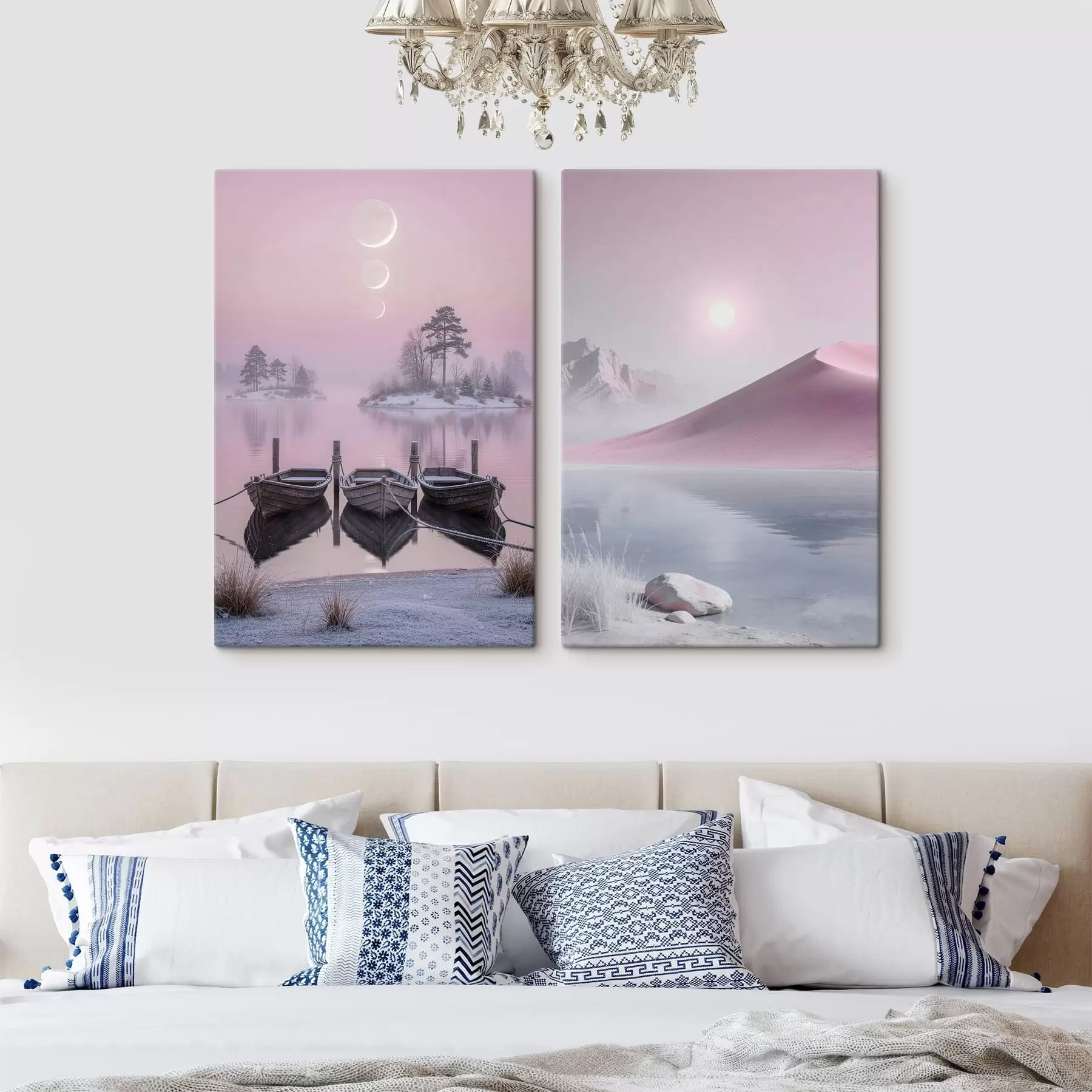 Wandbilder Fantasielandschaft mit Holzbooten und Berggipfeln m30657