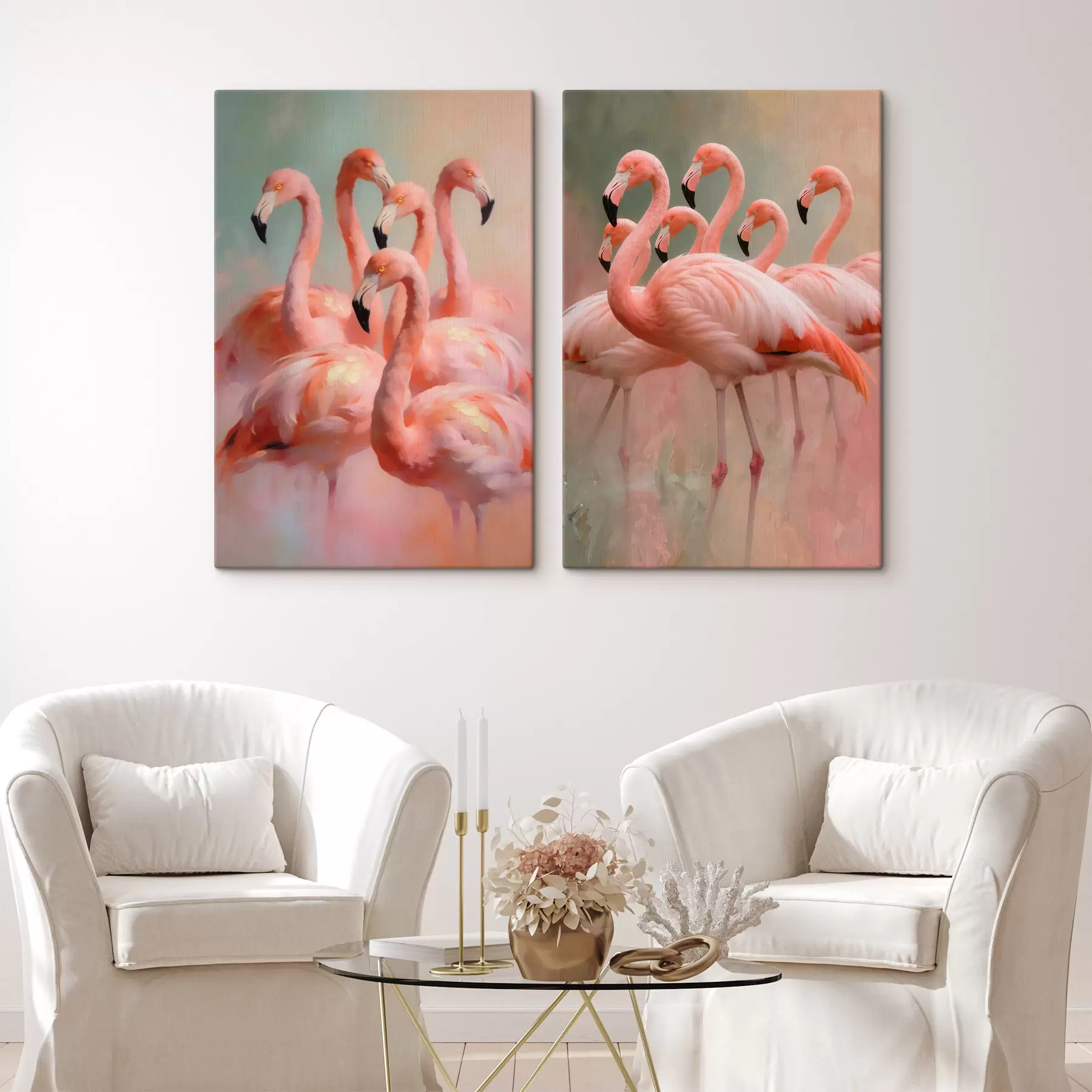 Wandbilder Komposition mit einem Schwarm Flamingos vor einem sanft verschwommenen Hintergrund im zeitgenössischen Malstil m30658