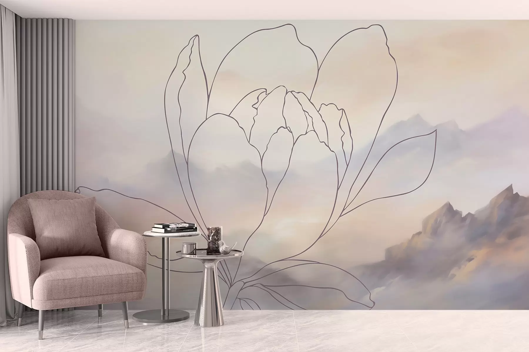 Fototapete Berglandschaft mit einer Blumensilhouette w05788