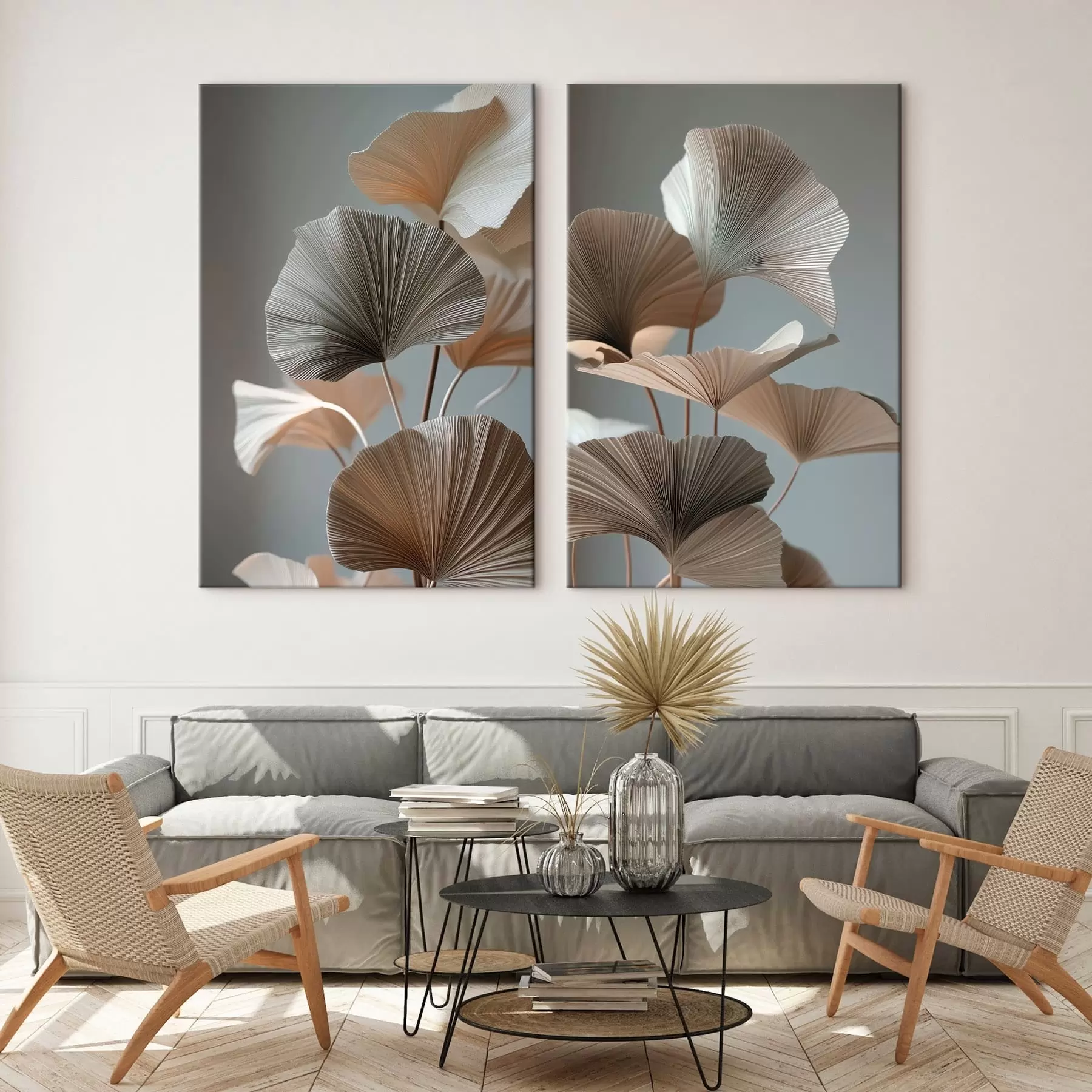 Wandbilder Diptychon mit Blättern in neutralen Farbtönen und Relief-Effekt m30743