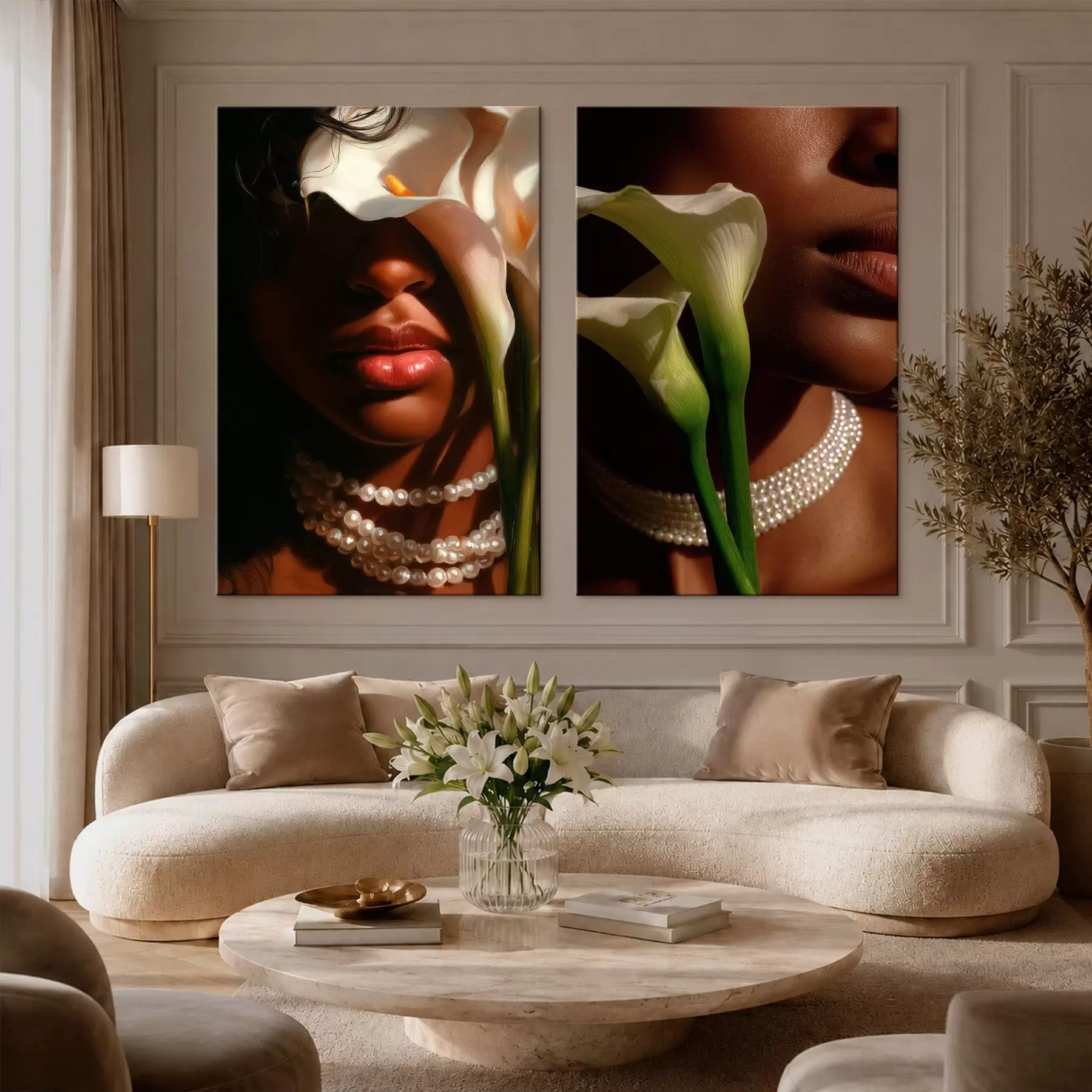Wandbilder Diptychon mit Porträts und weißen Calla-Lilien m30744