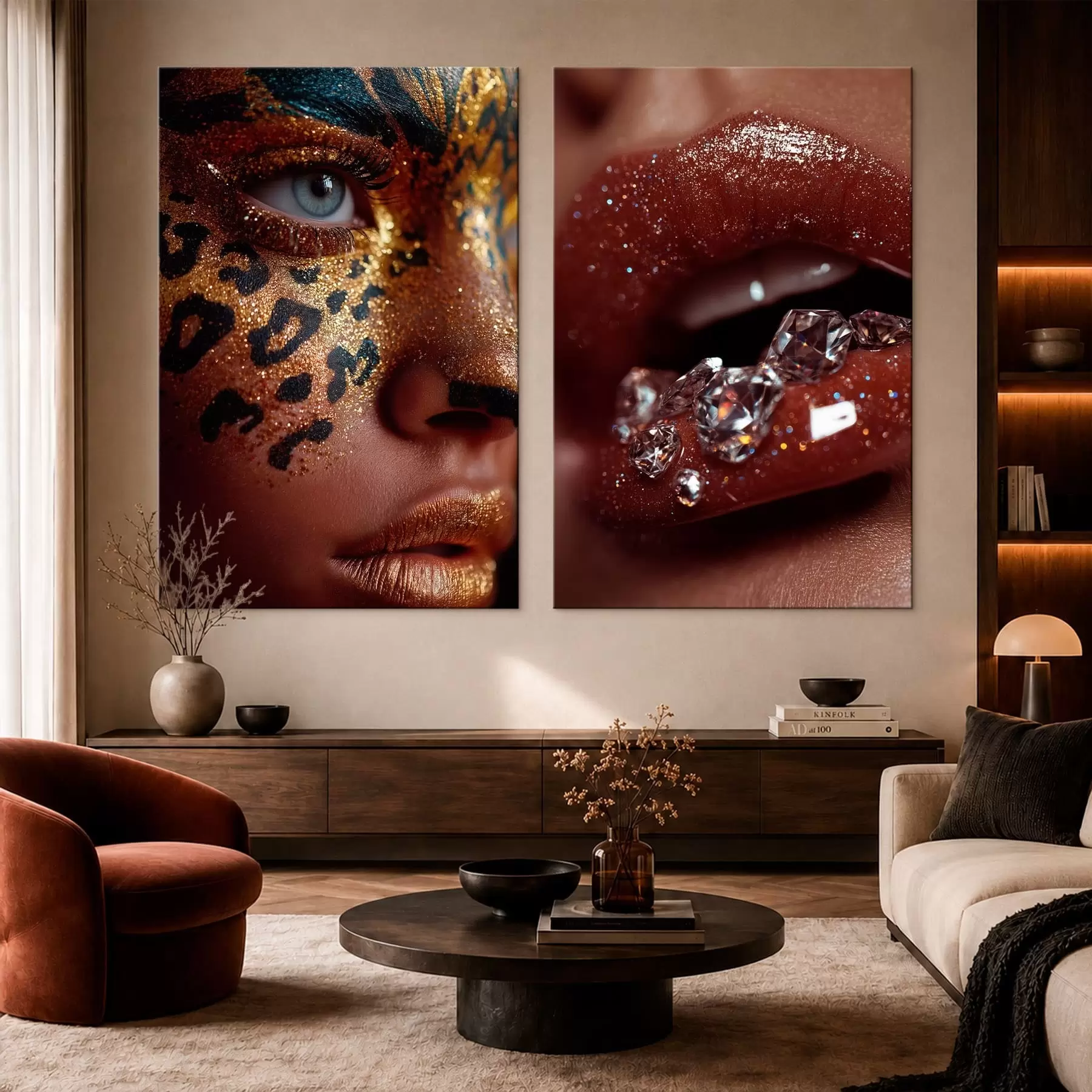 Wandbilder Diptychon mit glänzenden Lippen und Make-up m30746