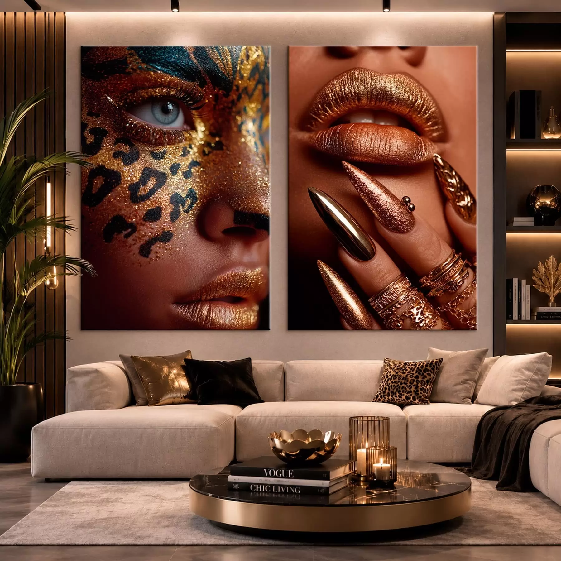Wandbilder Diptychon mit Metallic-Make-up und Gesichtsbemalung im Animal-Print-Stil m30747