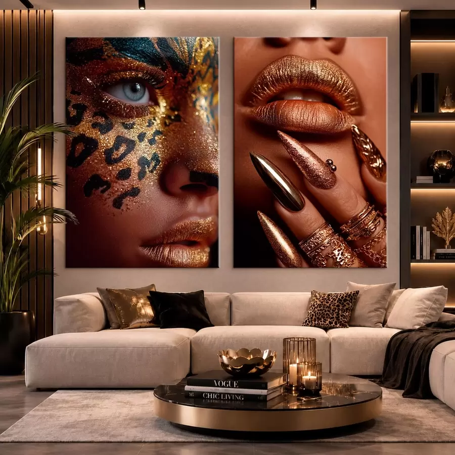 Wandbilder Diptychon mit Metallic-Make-up und Gesichtsbemalung im Animal-Print-Stil m30747