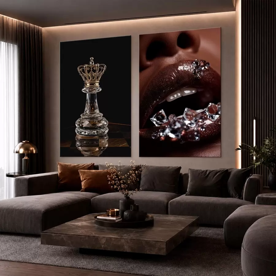 Wandbilder Diptychon mit glänzenden Lippen und einer Schachkönigin m30749