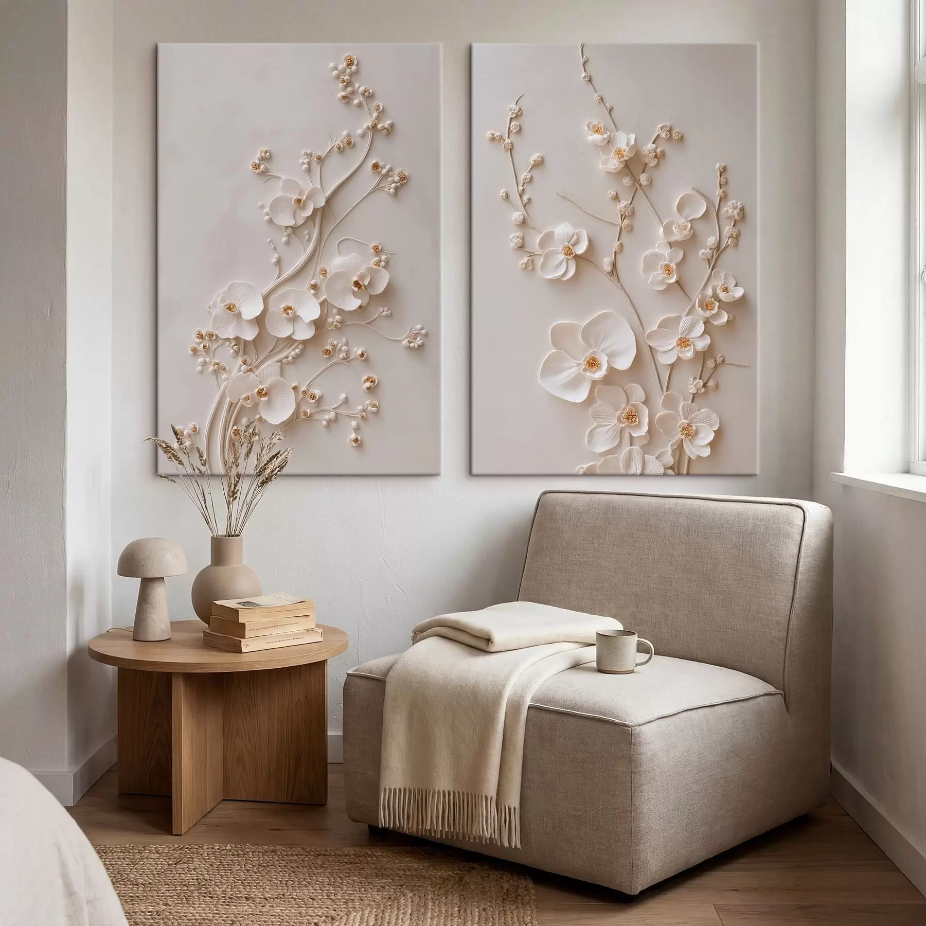 Wandbilder Diptychon mit weißen Blumen und Relief-Effekt m30750