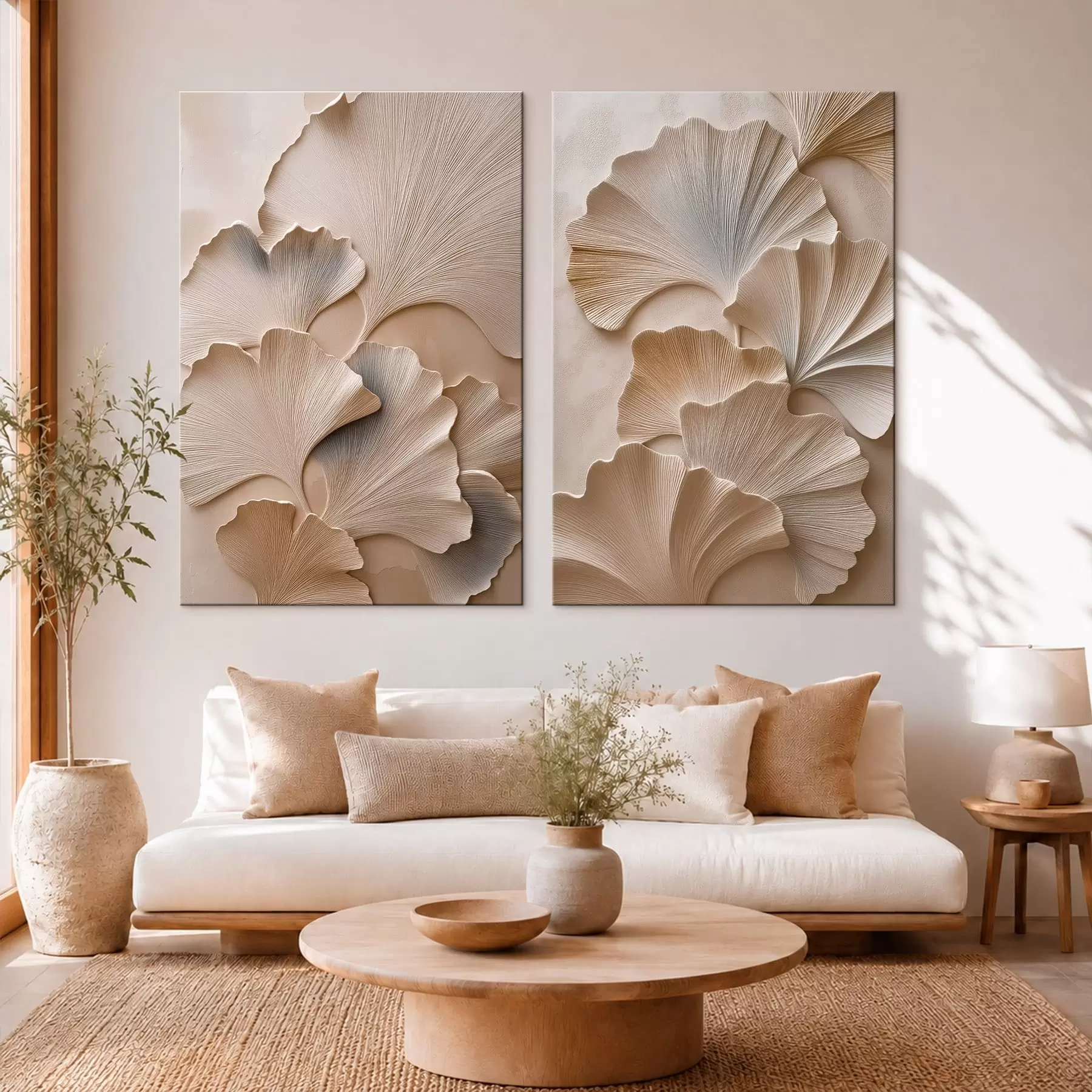 Wandbilder Diptychon mit Ginkgoblättern und Relief-Effekt m30751